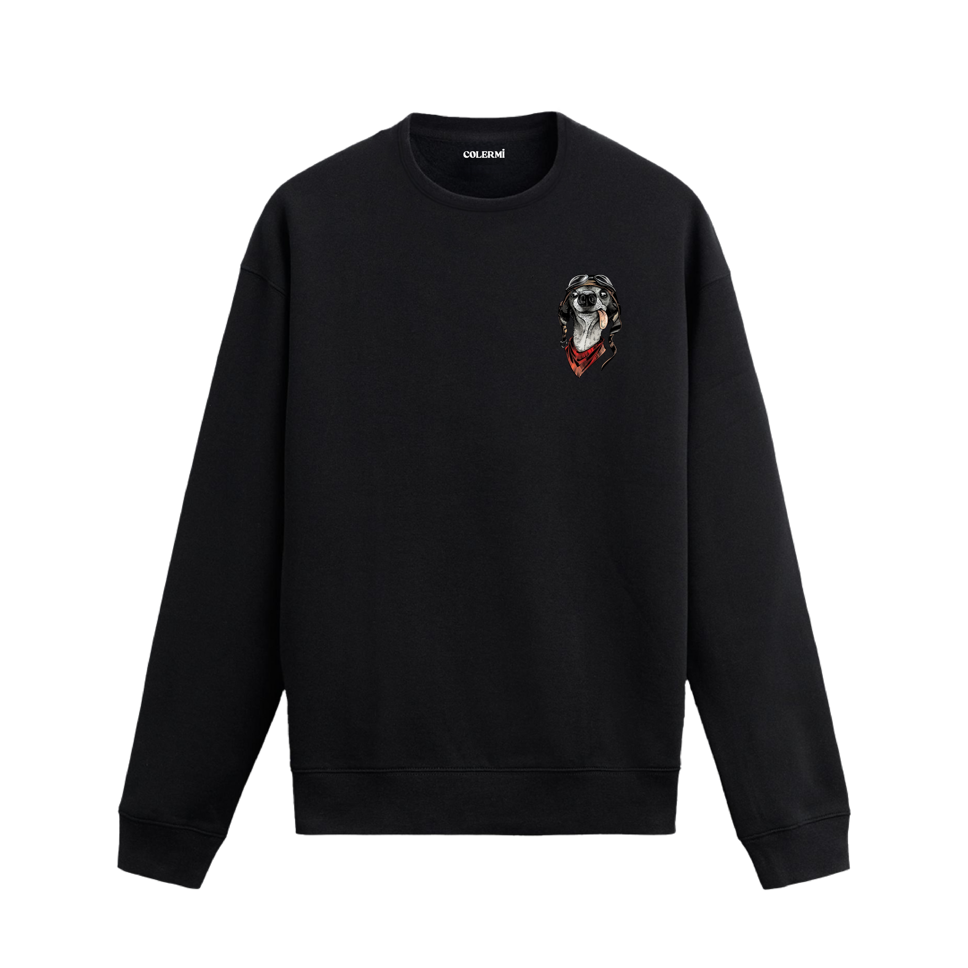 Pilot gözlüğü ve fular takmış, dilini çıkarmış köpek illüstrasyonlu sweatshirt tasarımı.