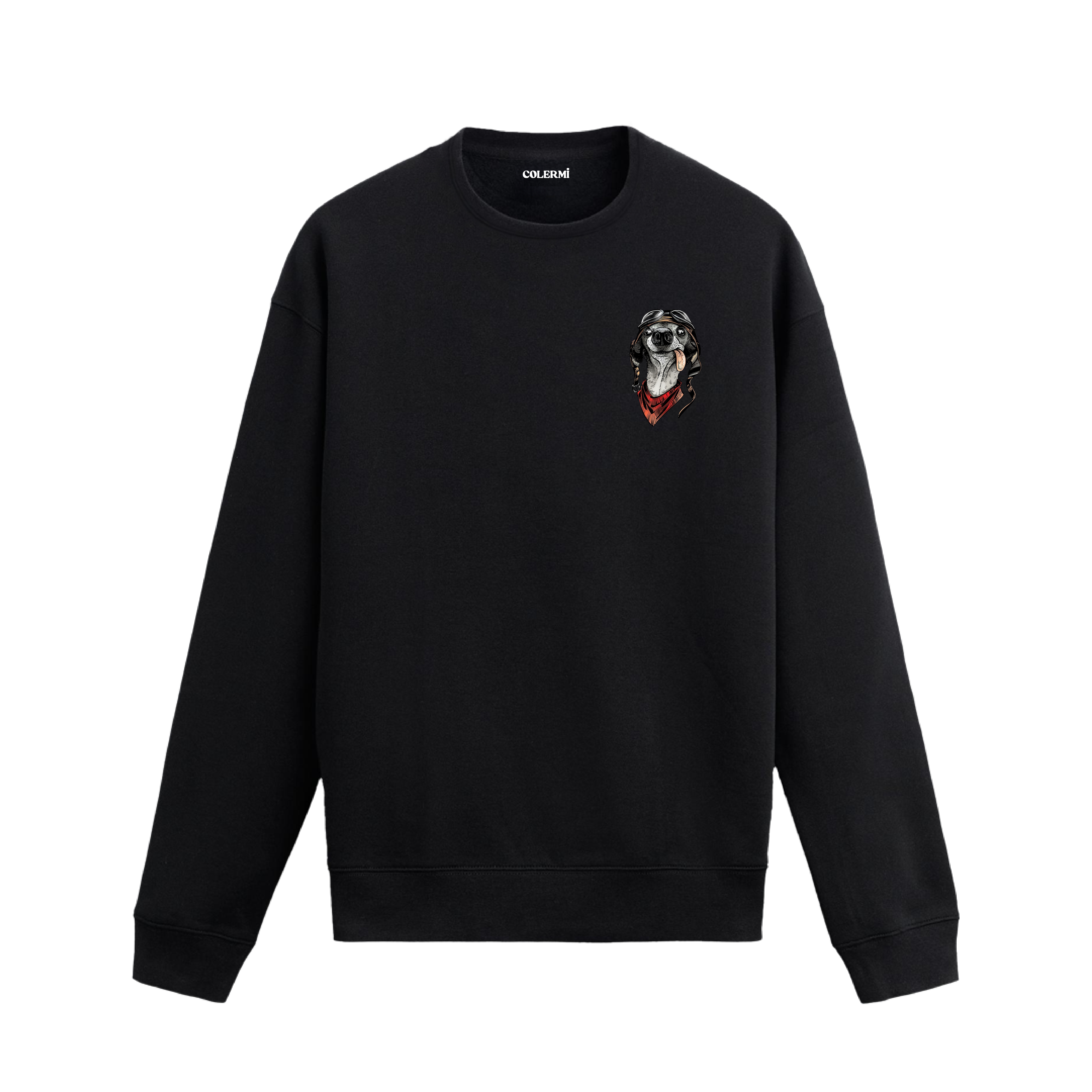 Pilot gözlüğü ve fular takmış, dilini çıkarmış köpek illüstrasyonlu sweatshirt tasarımı.