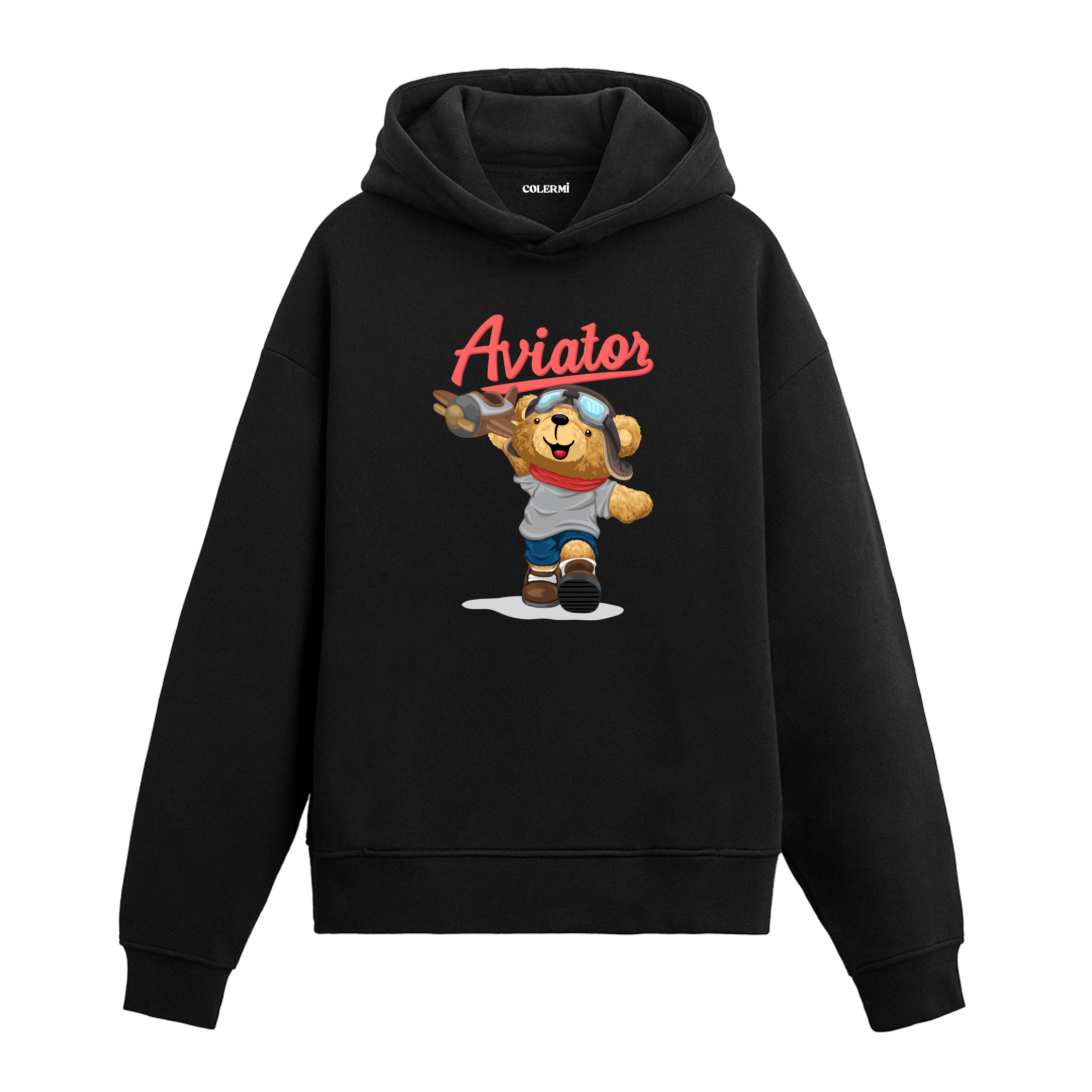 Uçuş gözlüğü takan ve elinde oyuncak uçak tutan sevimli ayıcık baskılı hoodie tasarımı.