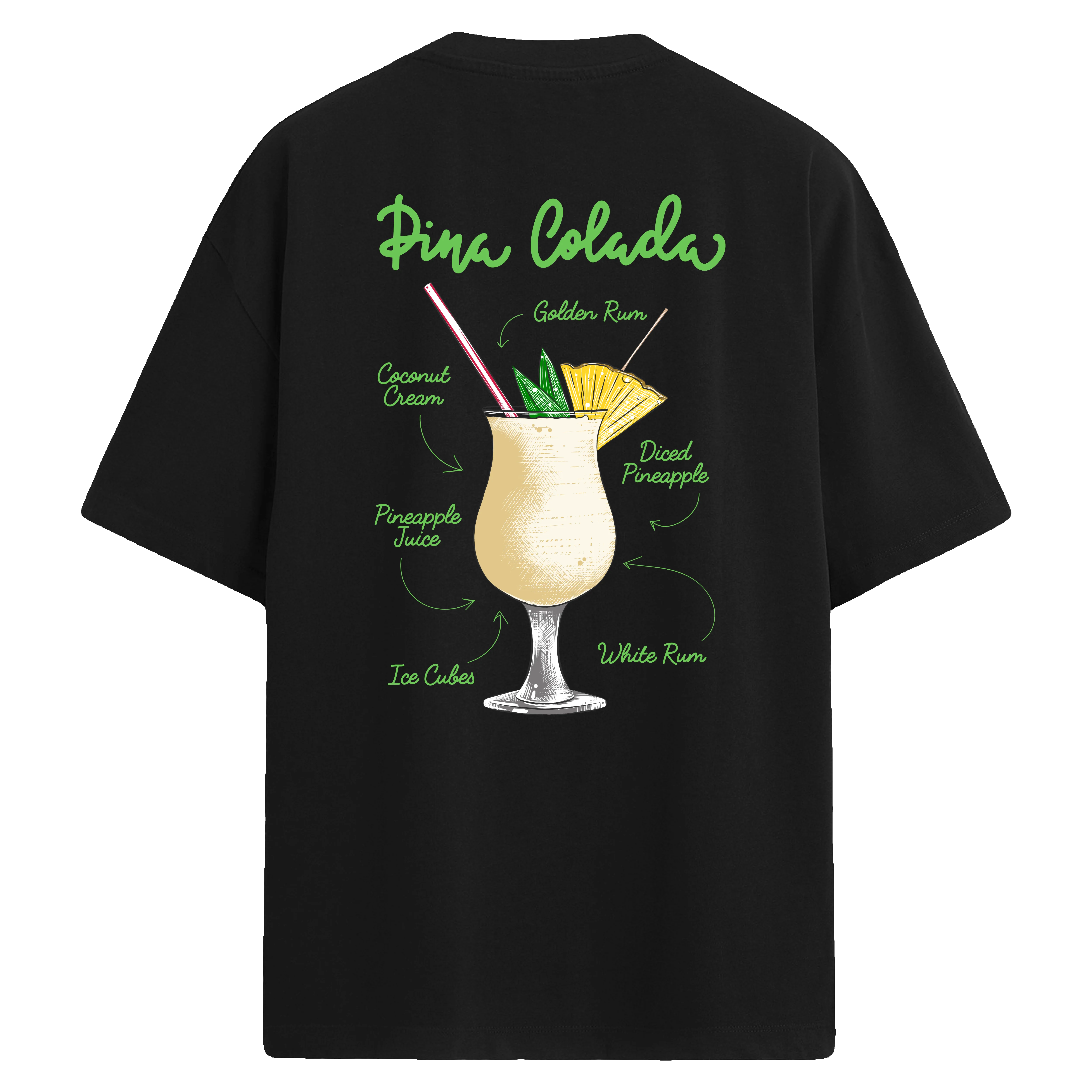 Pina Colada baskılı, tropikal kokteyl temalı sırt detaylı oversize tişört