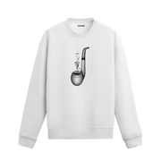 Pipo içinden yükselen bulutlara dalış yapan kadın figürlü sürreal sweatshirt deseni.