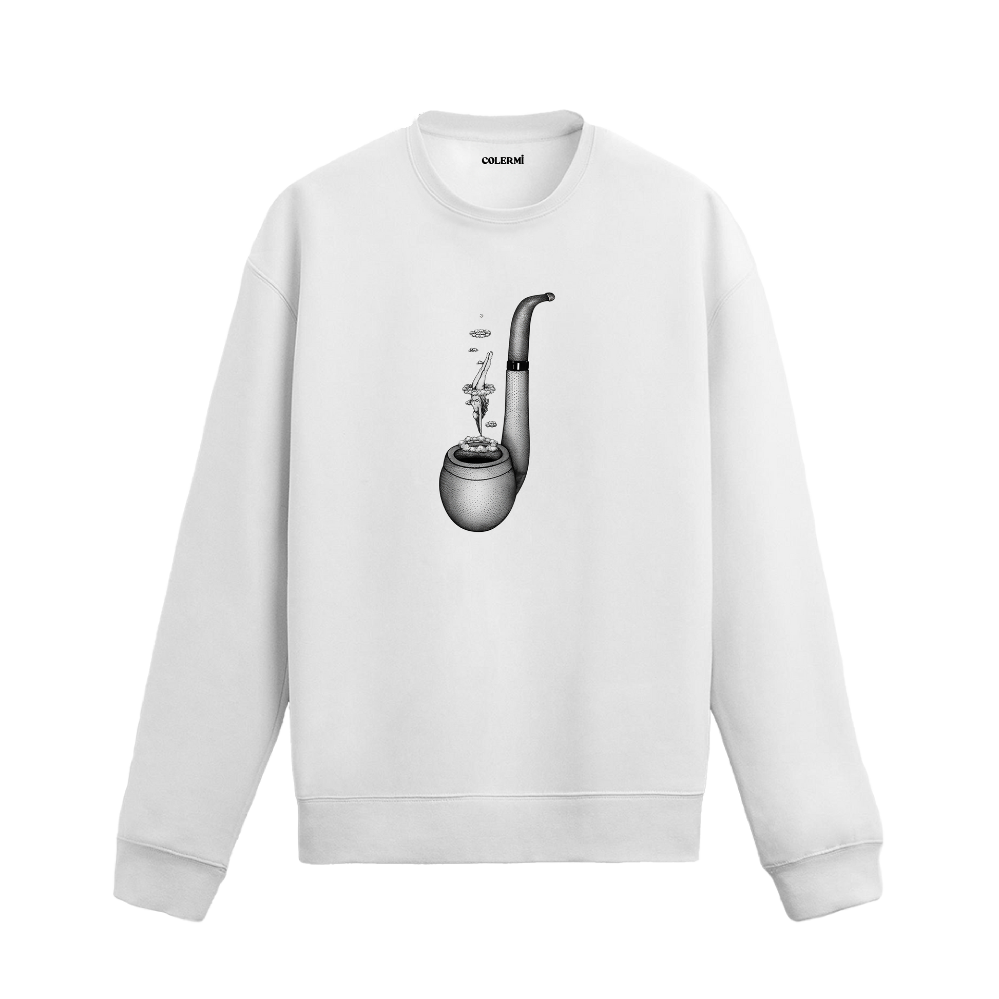 Pipo içinden yükselen bulutlara dalış yapan kadın figürlü sürreal sweatshirt deseni.