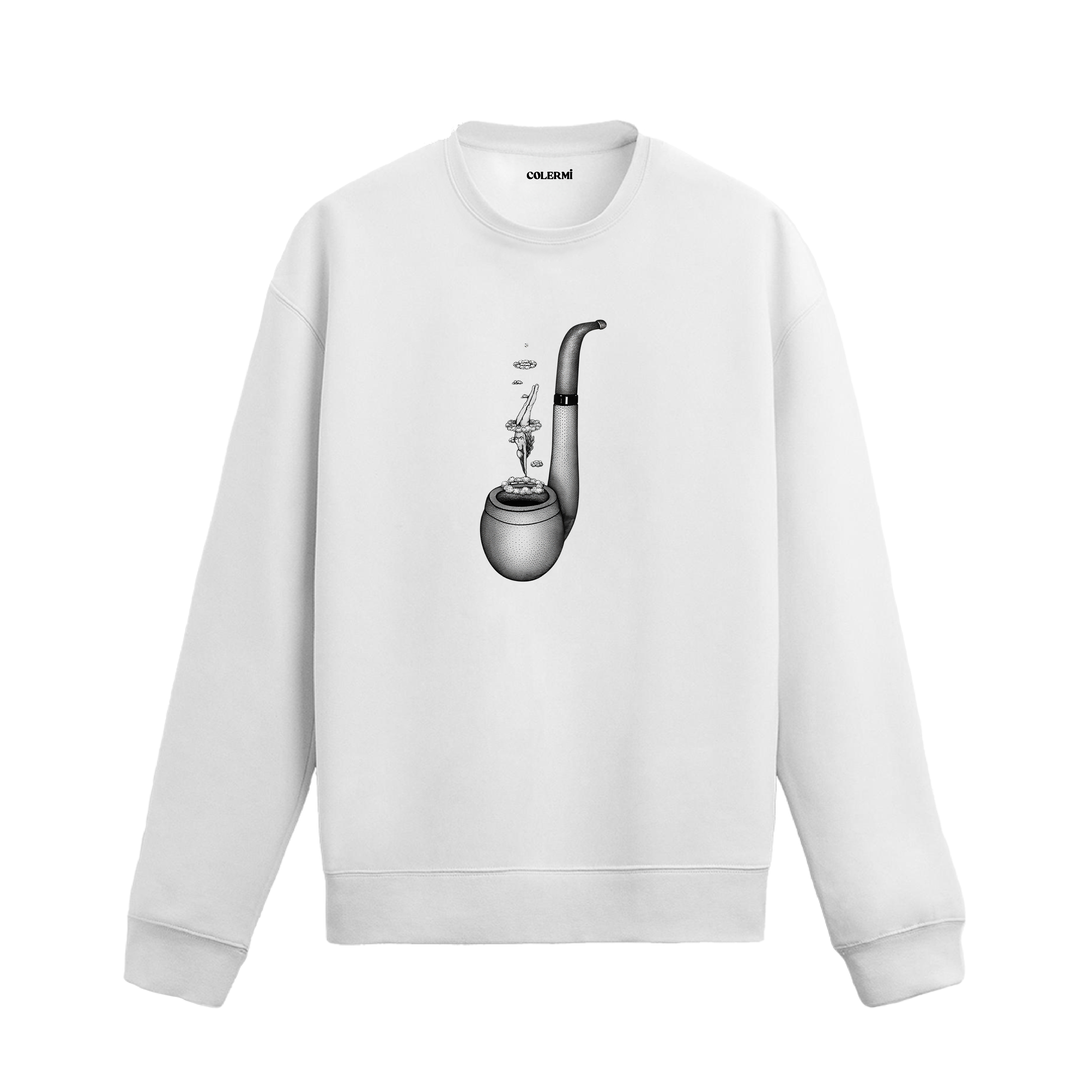 Pipo içinden yükselen bulutlara dalış yapan kadın figürlü sürreal sweatshirt deseni.