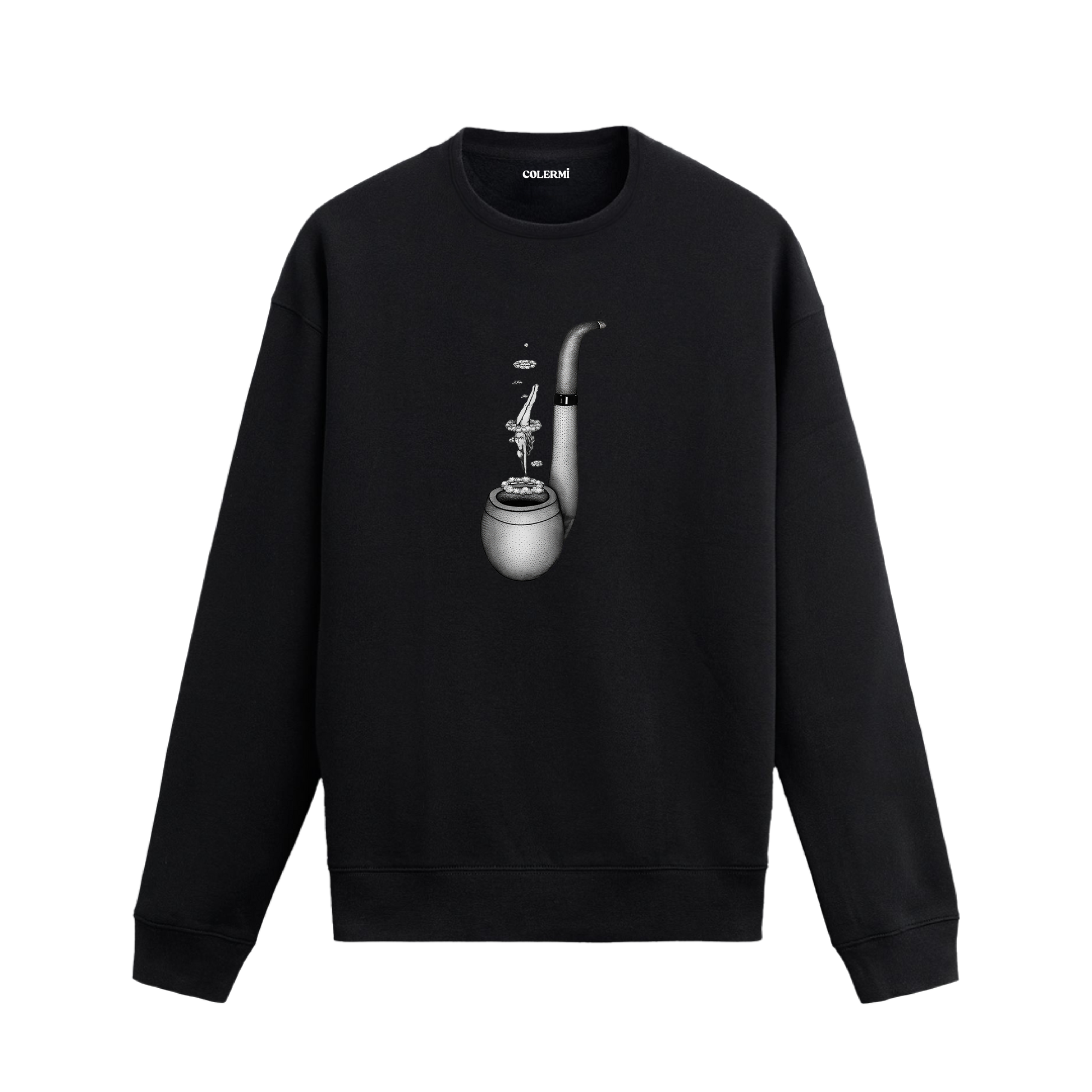 Pipo içinden yükselen bulutlara dalış yapan kadın figürlü sürreal sweatshirt deseni.