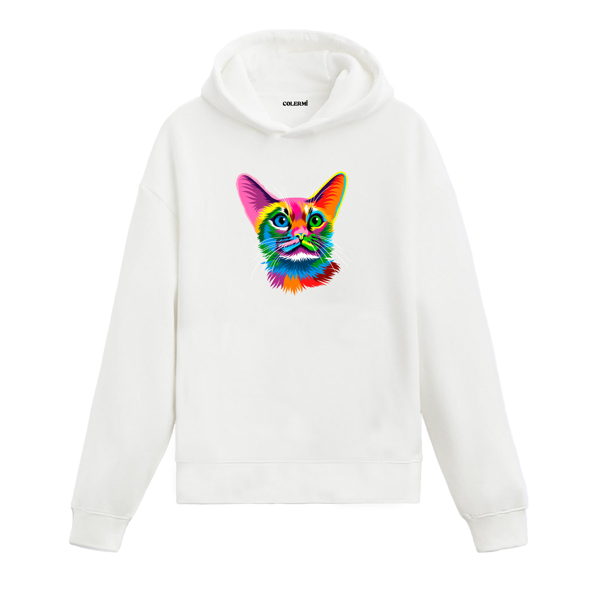 Beyaz hoodie, Pixie isimli sanatsal kedi baskısı, pamuklu rahat hoodie