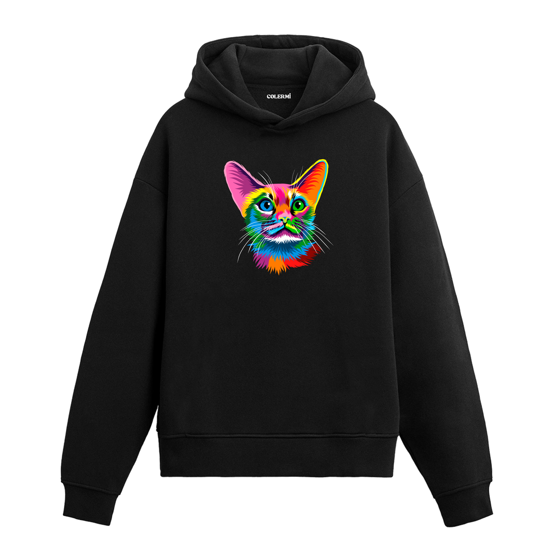 Siyah hoodie, Pixie isimli rengarenk kedi baskısı, pamuklu unisex hoodie