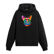Siyah hoodie, Pixie isimli rengarenk kedi baskısı, pamuklu unisex hoodie