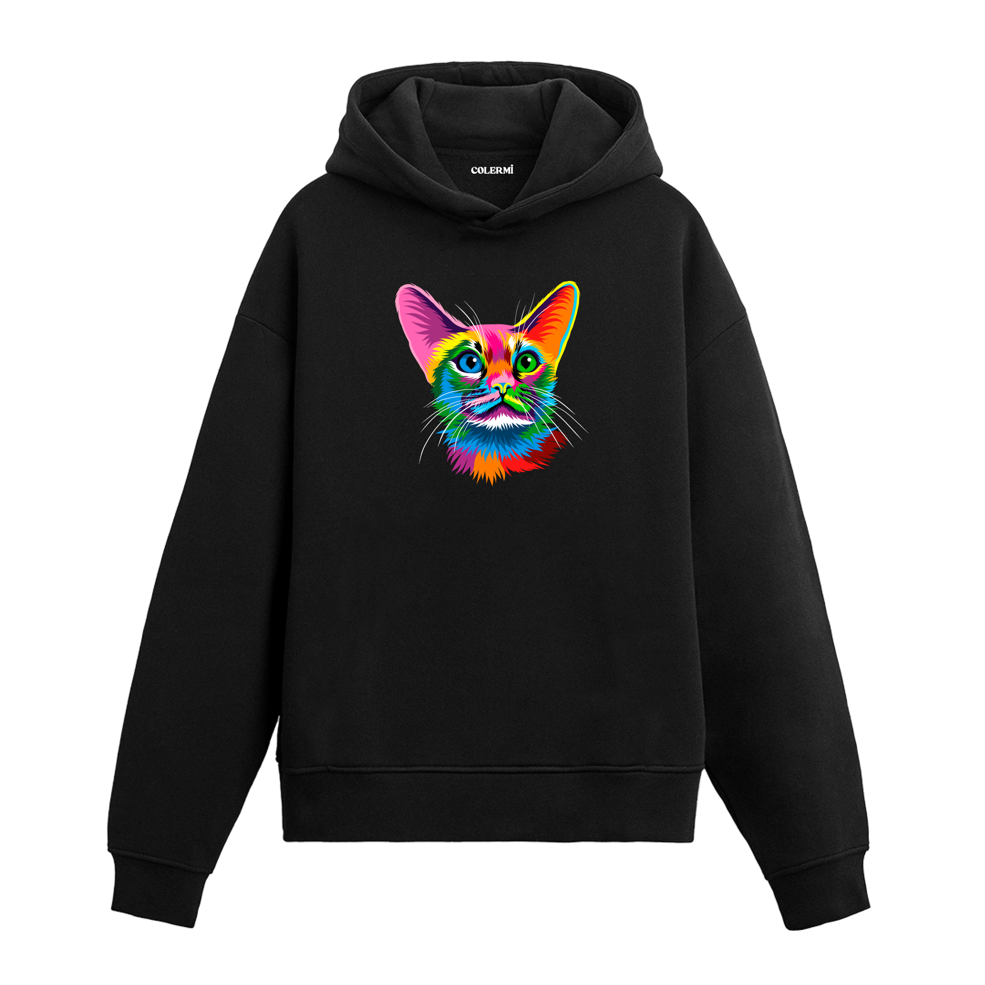 Siyah hoodie, Pixie isimli rengarenk kedi baskısı, pamuklu unisex hoodie