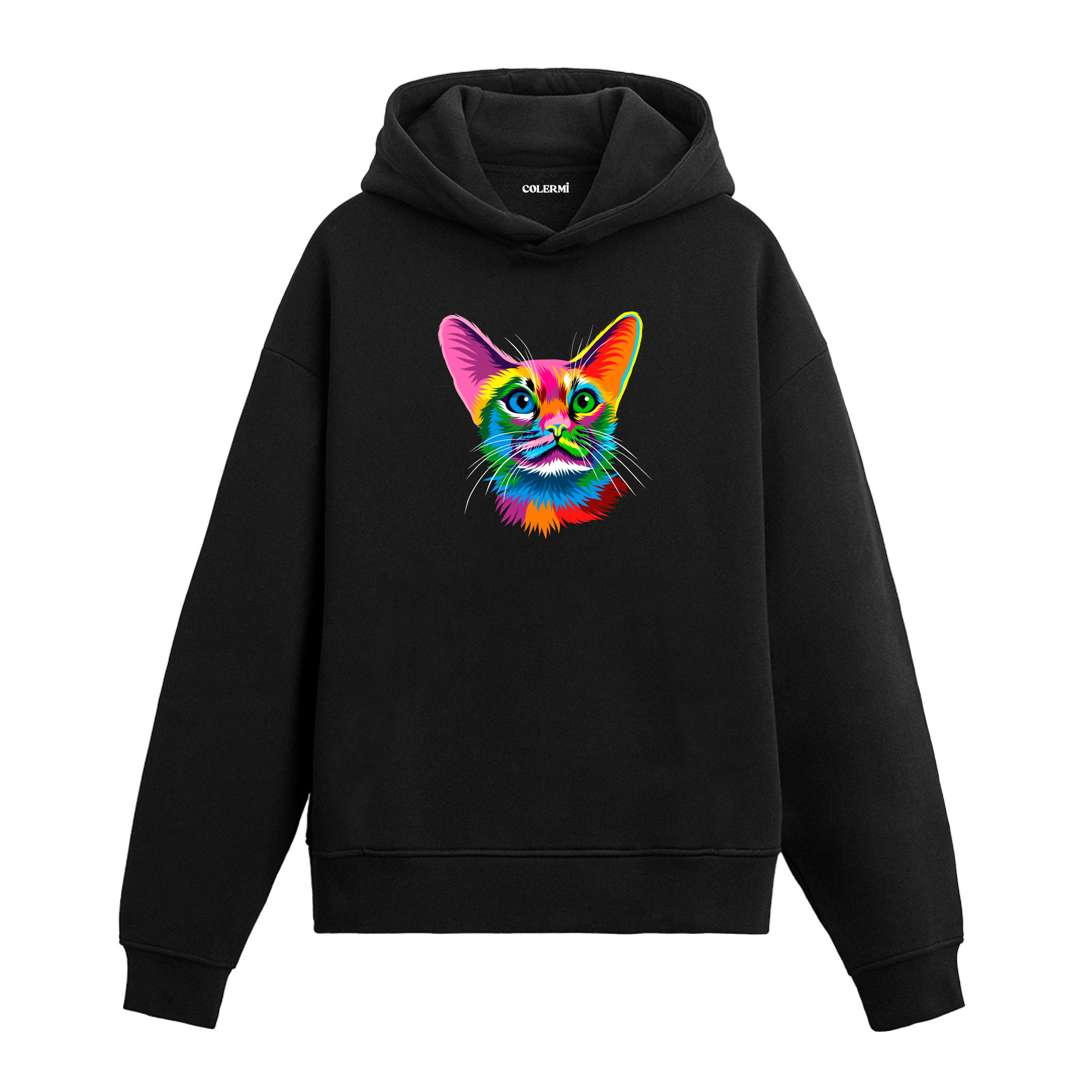 Siyah hoodie, Pixie isimli rengarenk kedi baskısı, pamuklu unisex hoodie