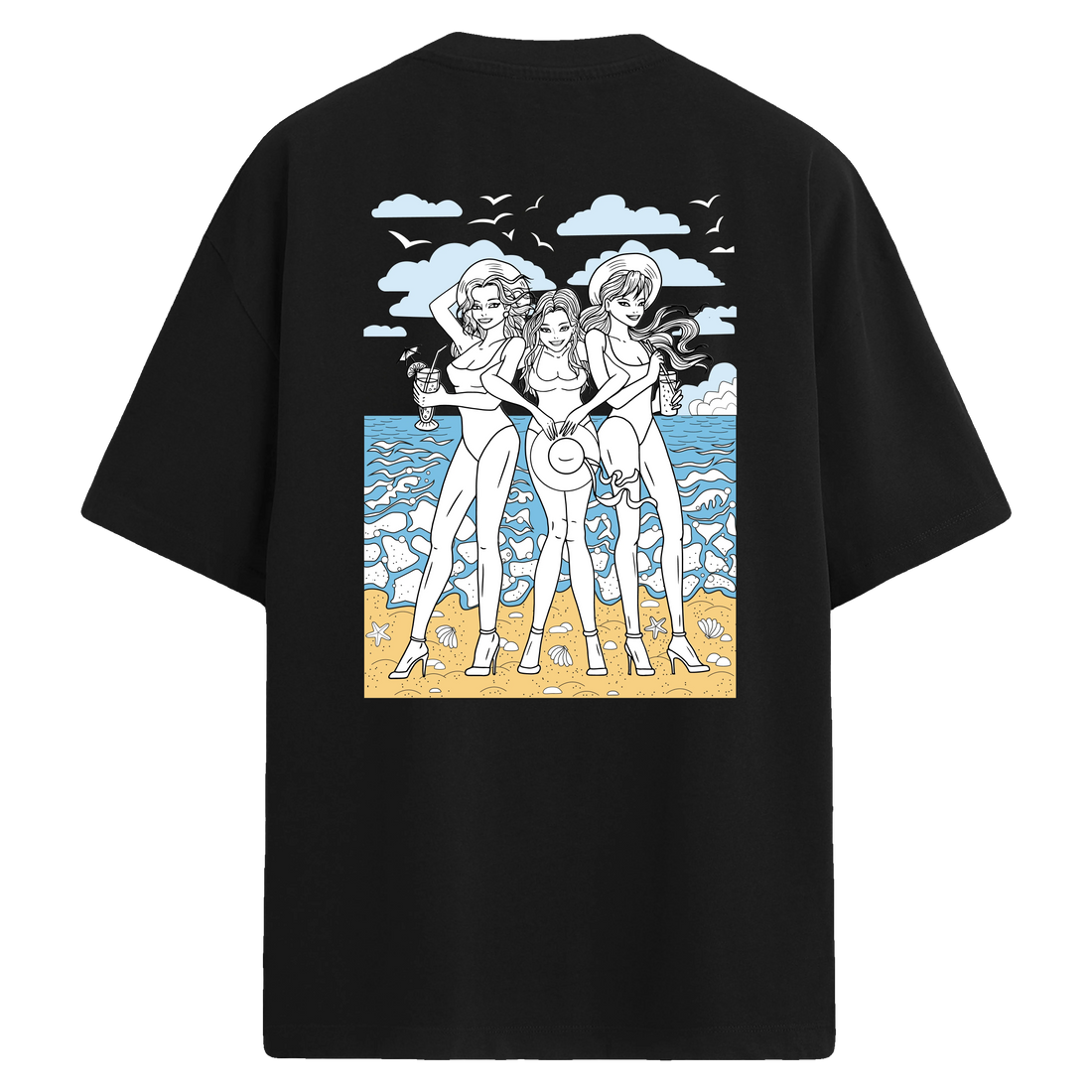 Üç kadın figürlü retro tarzda plaj temalı sırt baskılı siyah oversize tişört