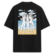 Üç kadın figürlü retro tarzda plaj temalı sırt baskılı siyah oversize tişört