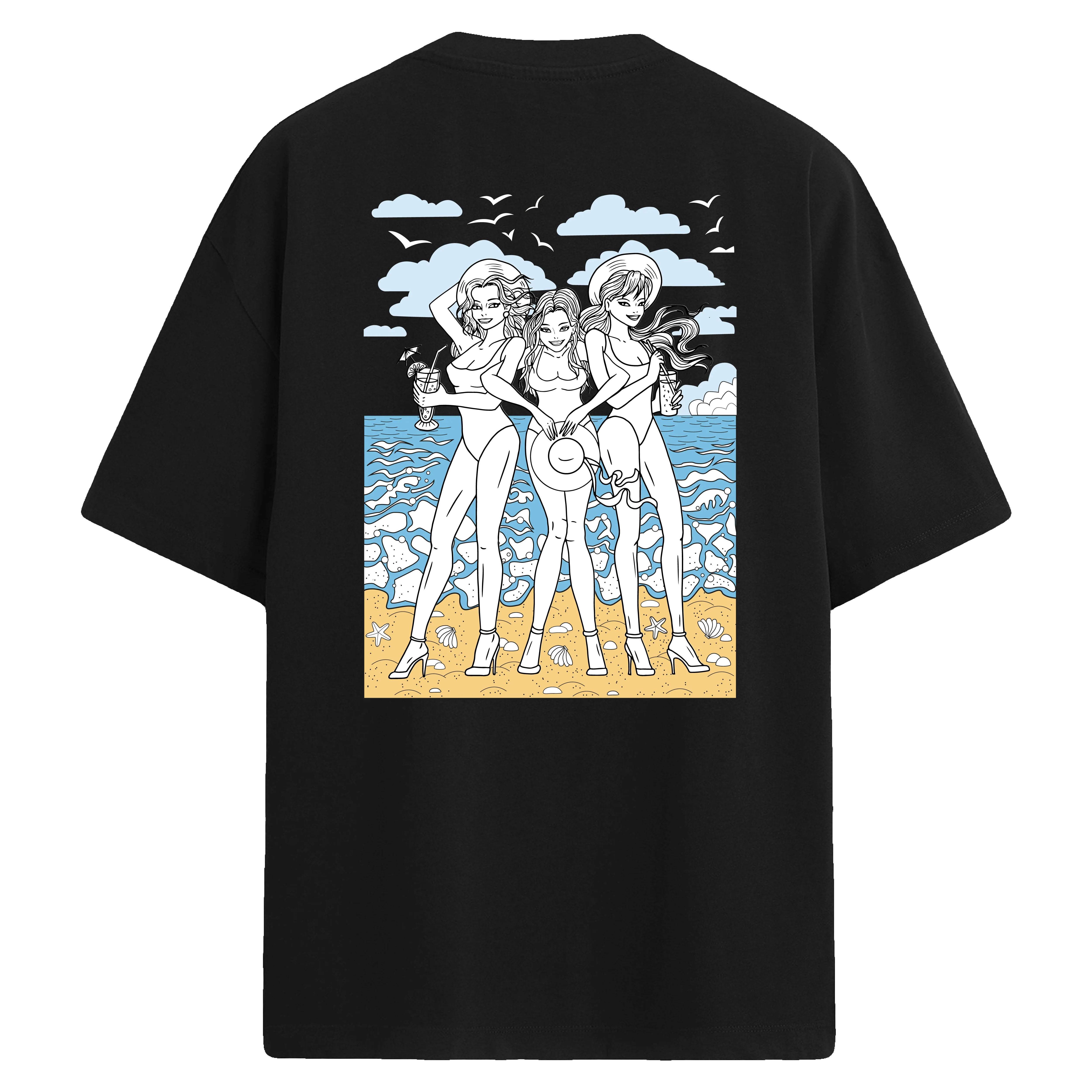 Üç kadın figürlü retro tarzda plaj temalı sırt baskılı siyah oversize tişört