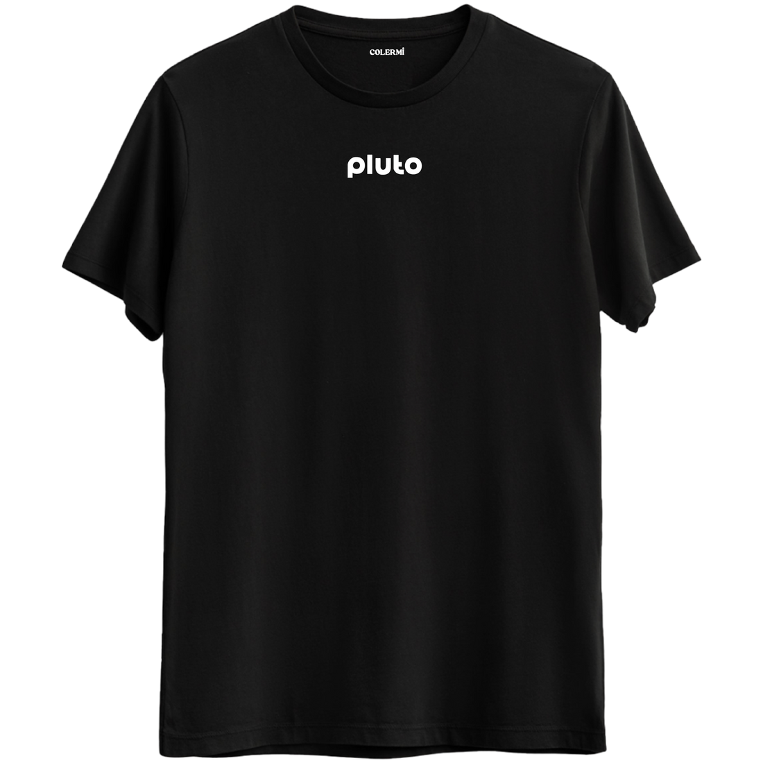 Evrenin en yalnız cismi Plüton’u temsil eden, minimal tasarımlı siyah Bisiklet Yaka T-Shirt.