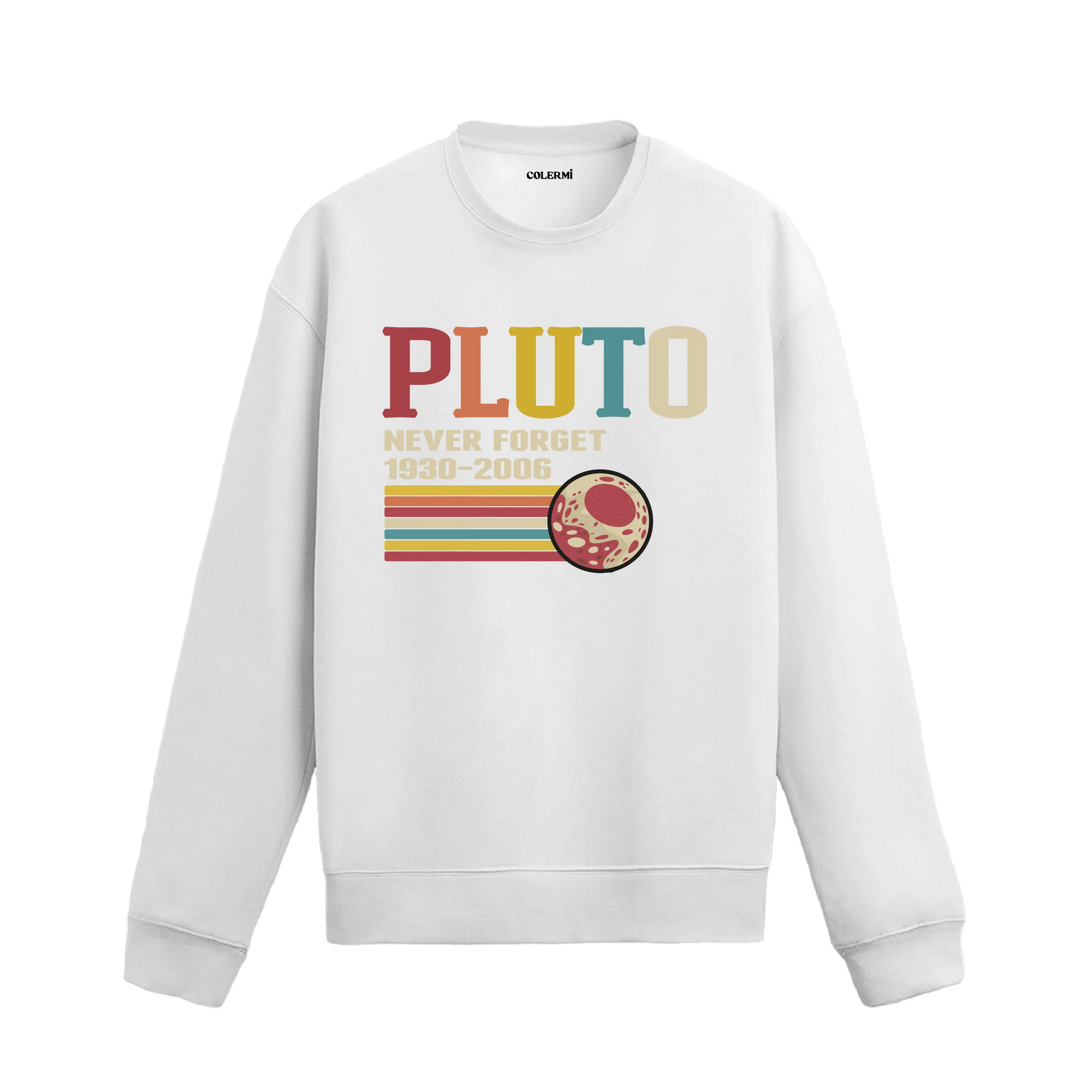 Pluto retro tasarımlı Colermi sweatshirt, uzay ve nostalji temalı baskı.