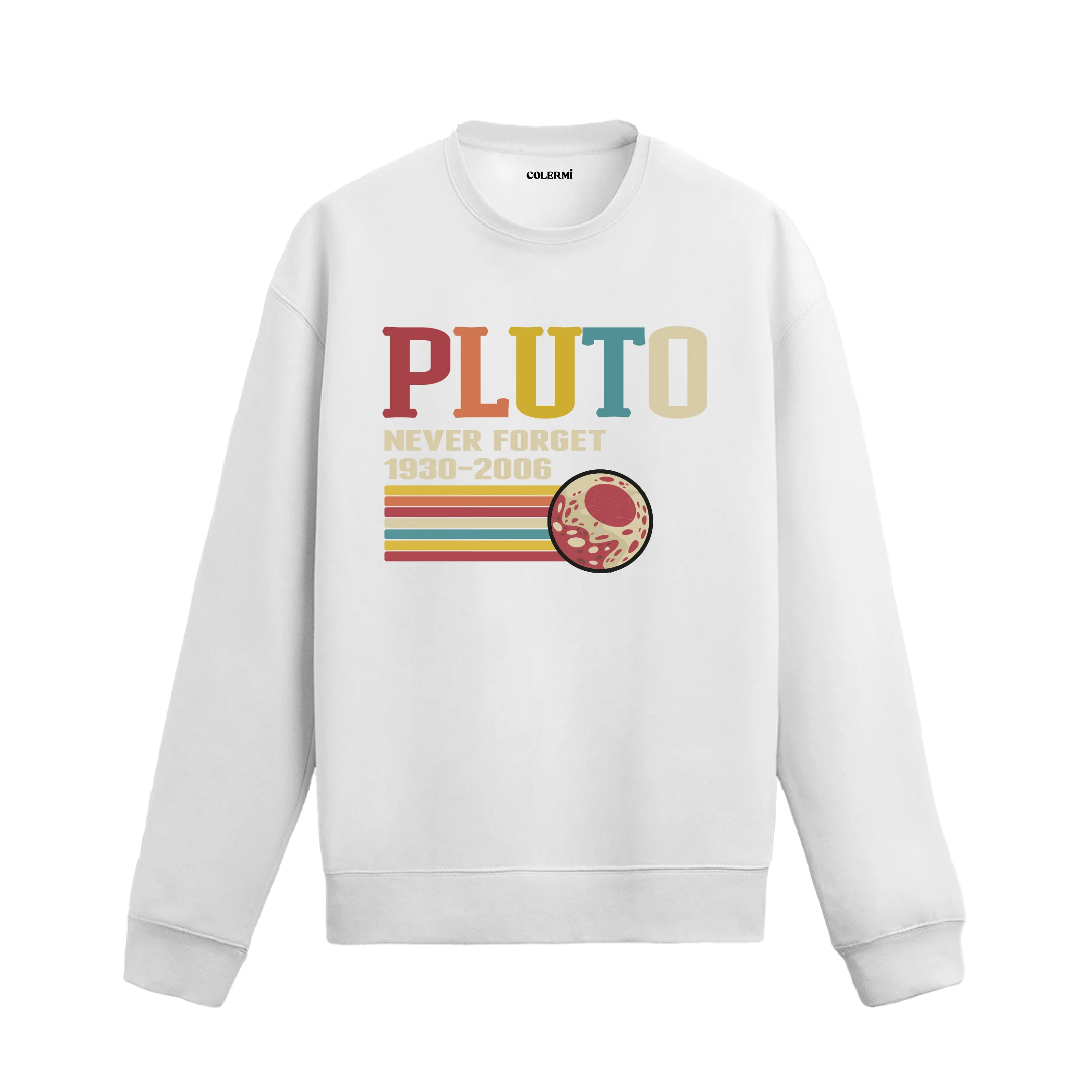 Pluto retro tasarımlı Colermi sweatshirt, uzay ve nostalji temalı baskı.