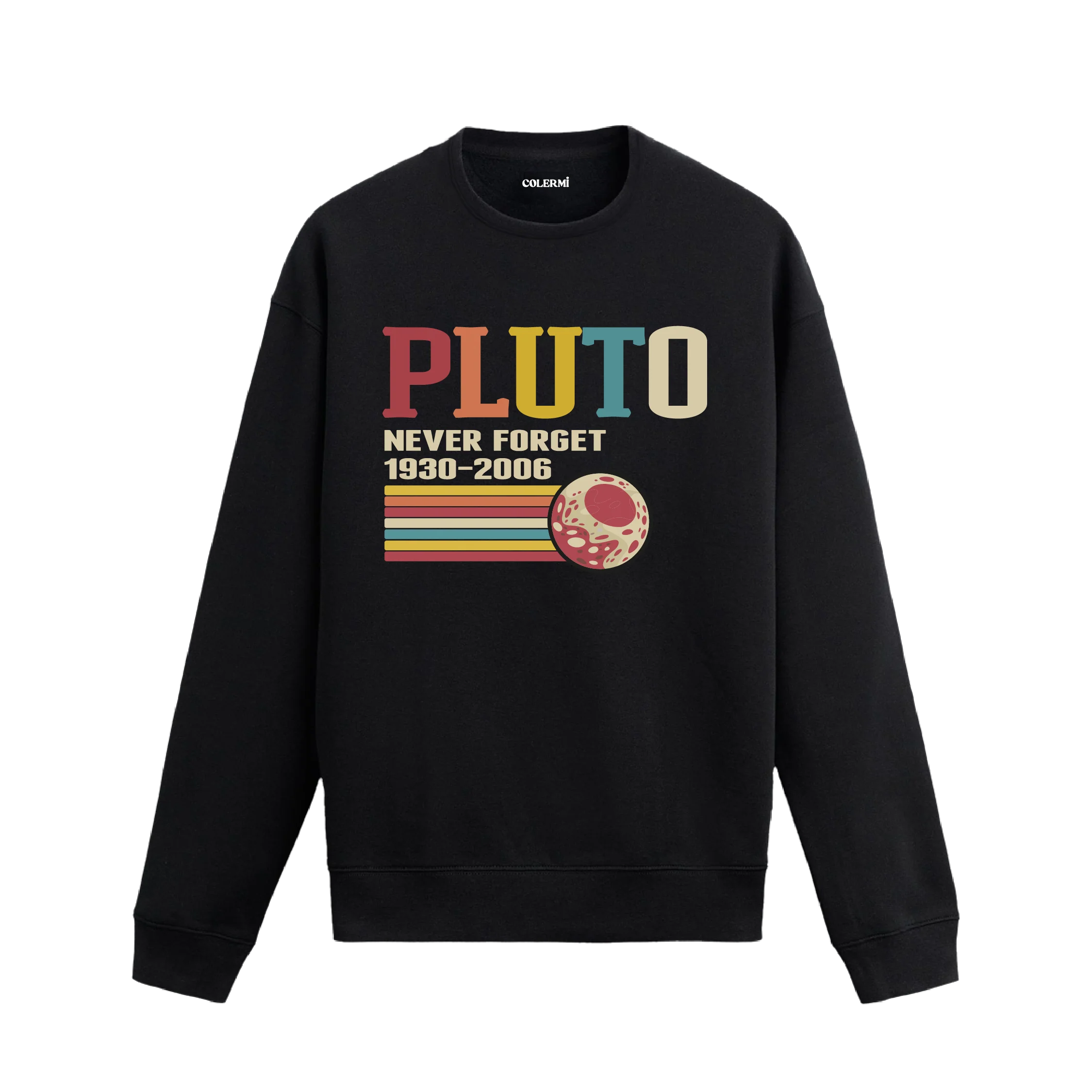 Pluto retro tasarımlı Colermi sweatshirt, uzay ve nostalji temalı baskı.