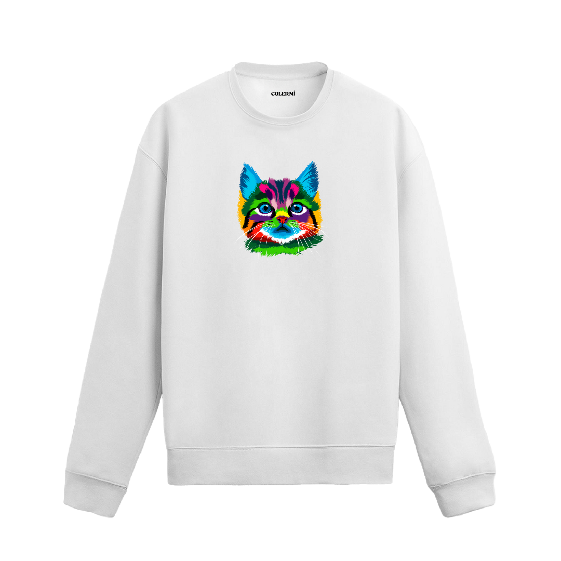 Siyah sweatshirt üzerinde pop art tarzında rengarenk kedi baskısı