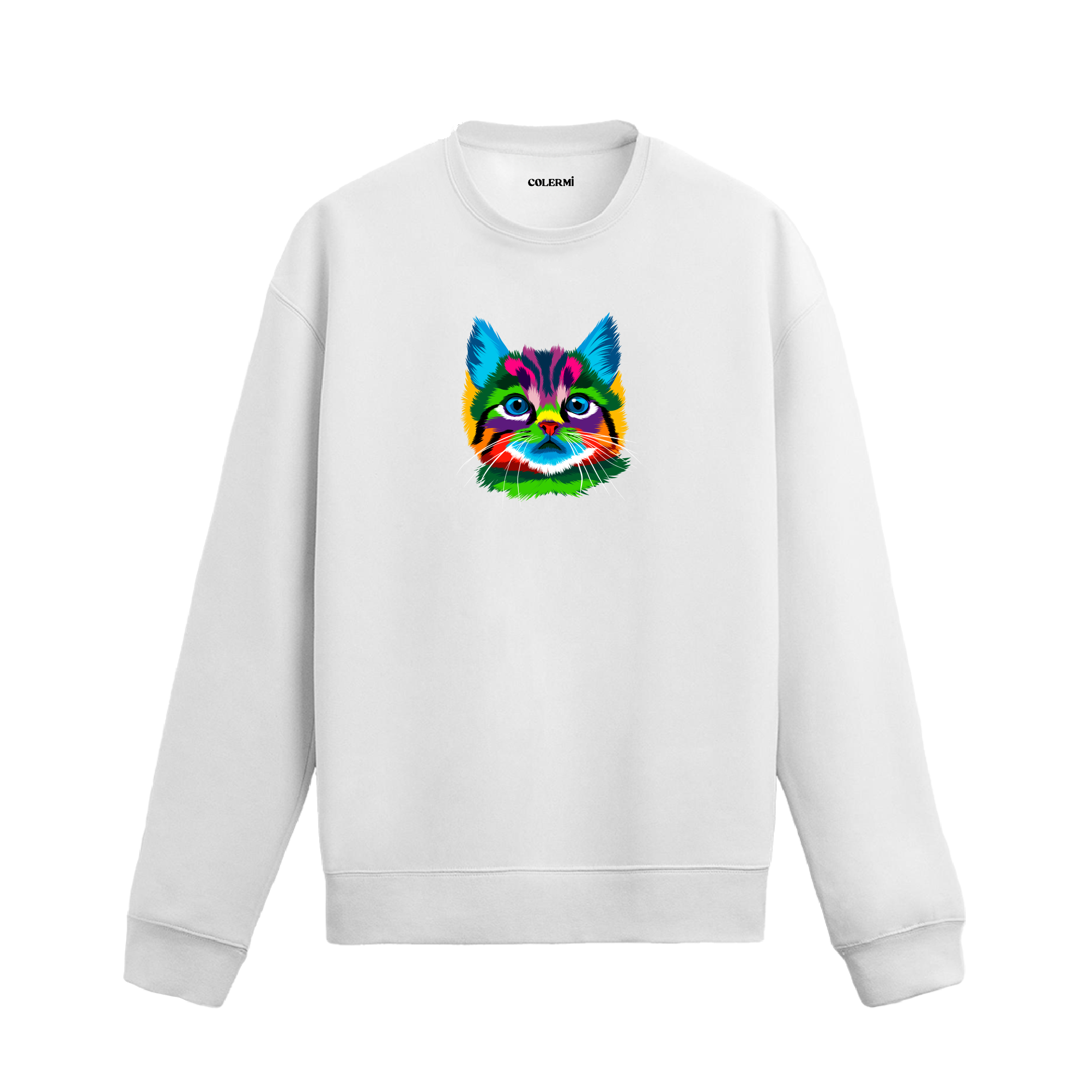 Siyah sweatshirt üzerinde pop art tarzında rengarenk kedi baskısı