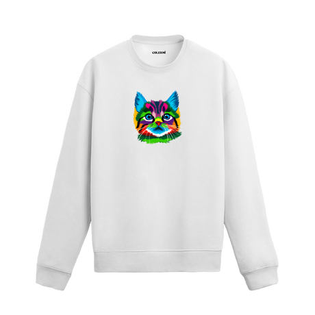 Siyah sweatshirt üzerinde pop art tarzında rengarenk kedi baskısı