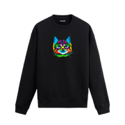 Siyah sweatshirt üzerinde pop art tarzında rengarenk kedi baskısı