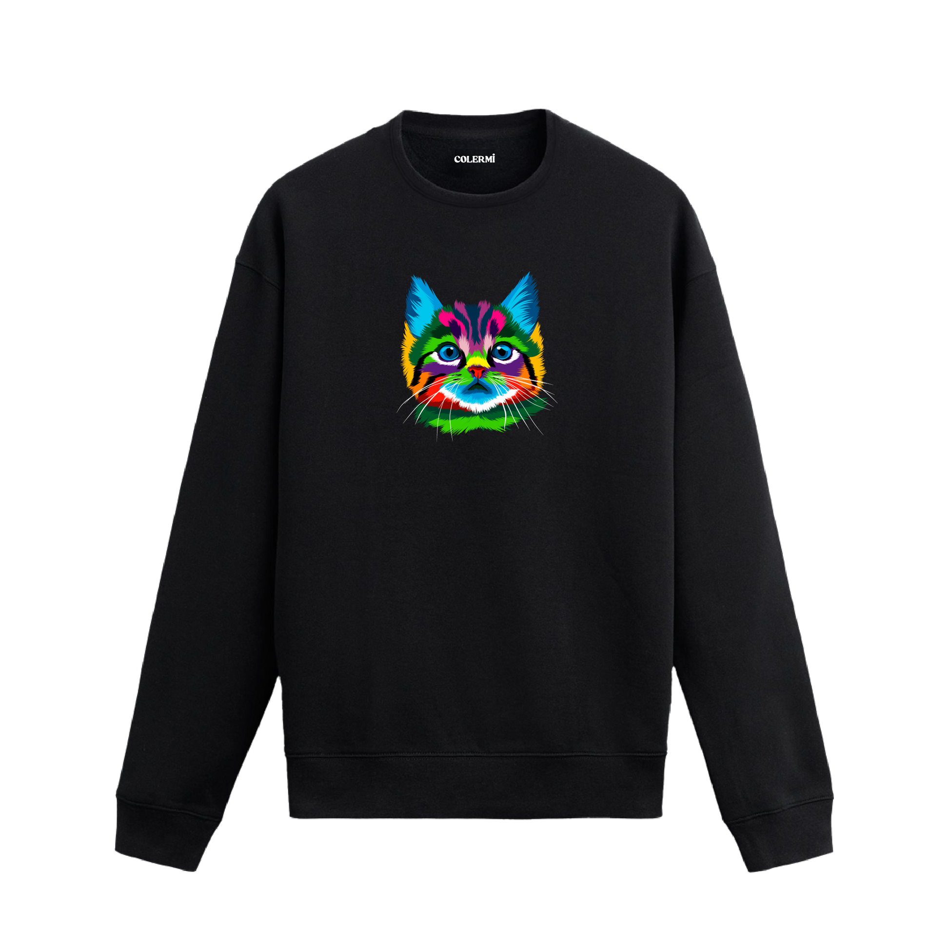 Siyah sweatshirt üzerinde pop art tarzında rengarenk kedi baskısı