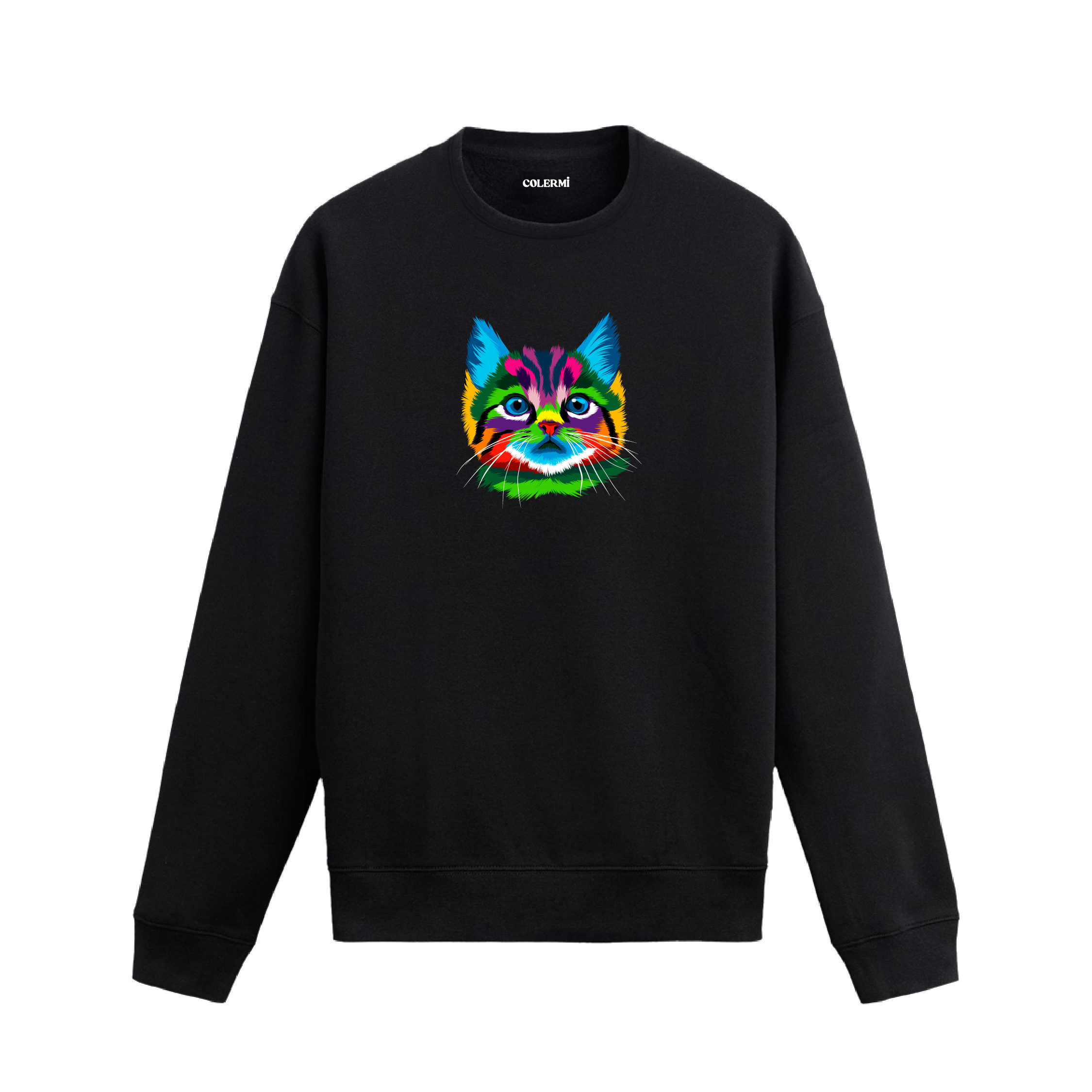 Siyah sweatshirt üzerinde pop art tarzında rengarenk kedi baskısı