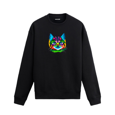 Siyah sweatshirt üzerinde pop art tarzında rengarenk kedi baskısı