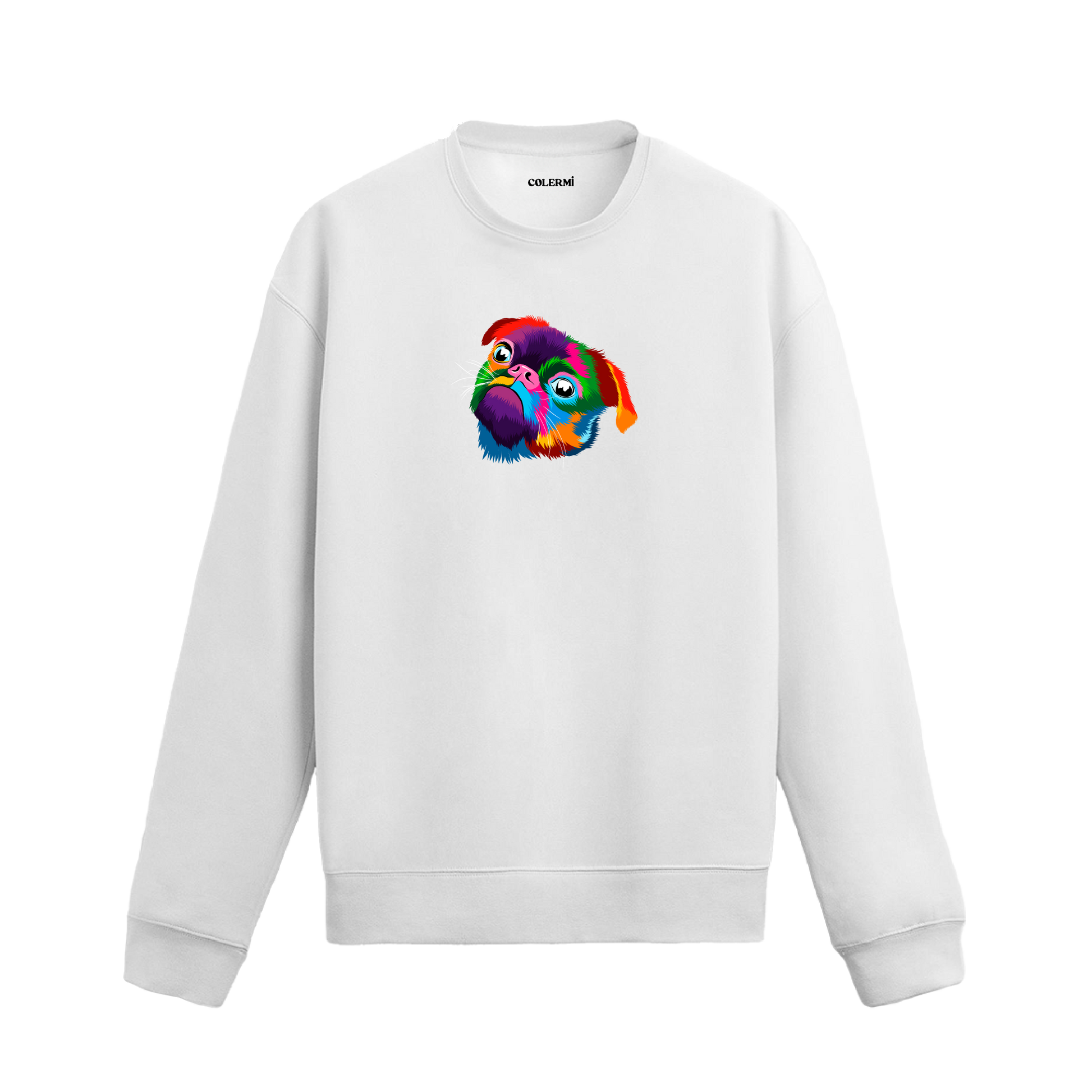 Siyah sweatshirt üzerinde renkli pop art Pug köpek baskısı