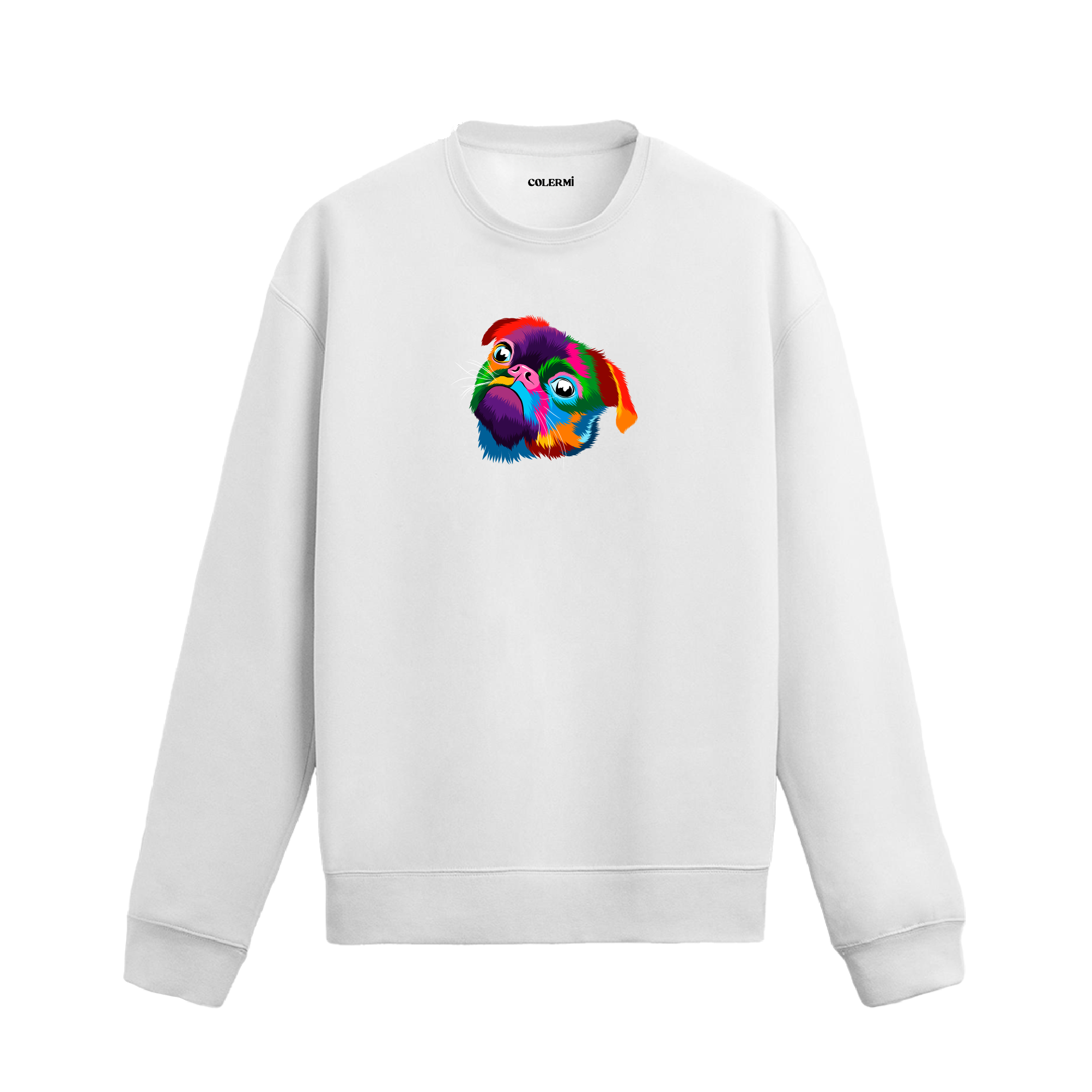 Siyah sweatshirt üzerinde renkli pop art Pug köpek baskısı