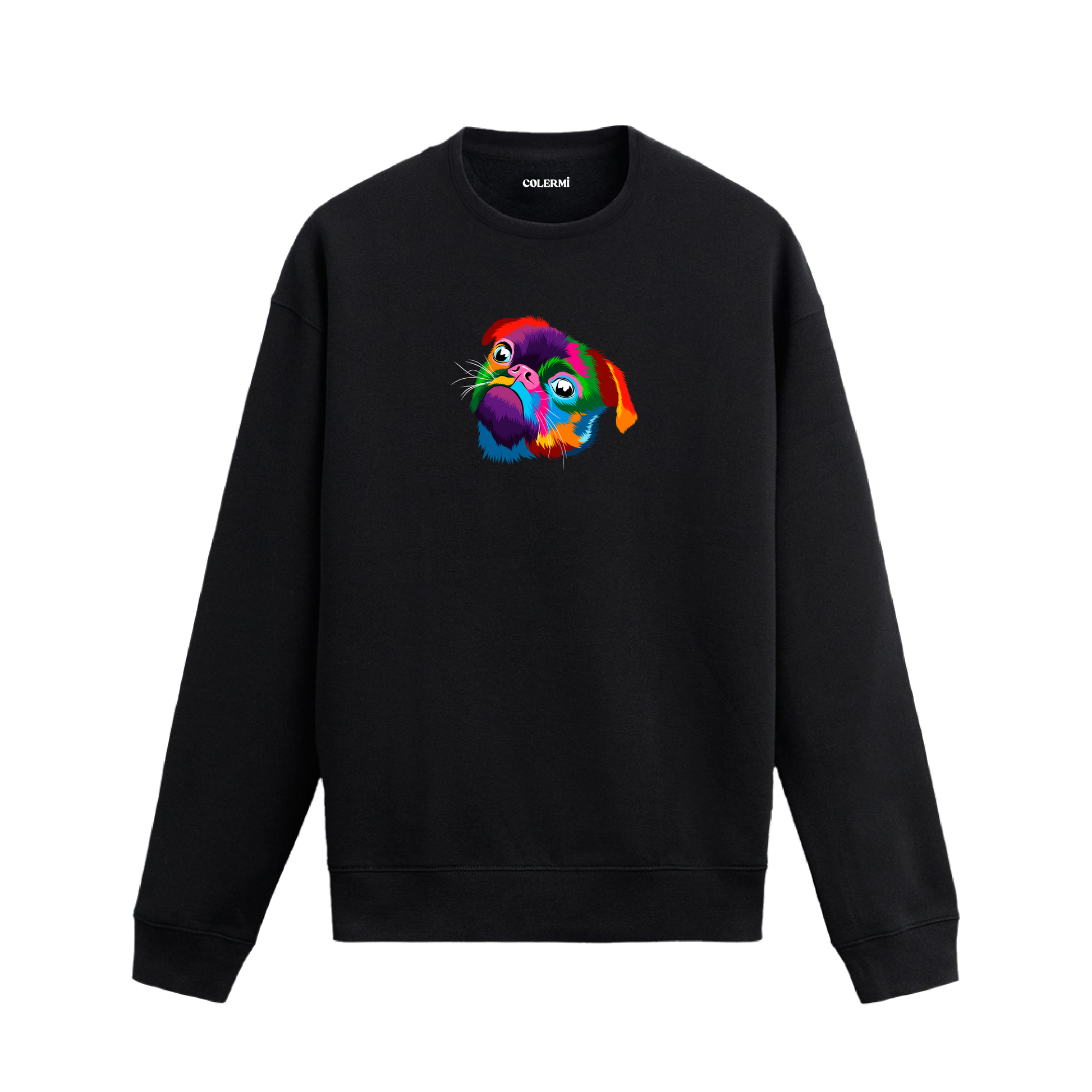 Siyah sweatshirt üzerinde renkli pop art Pug köpek baskısı