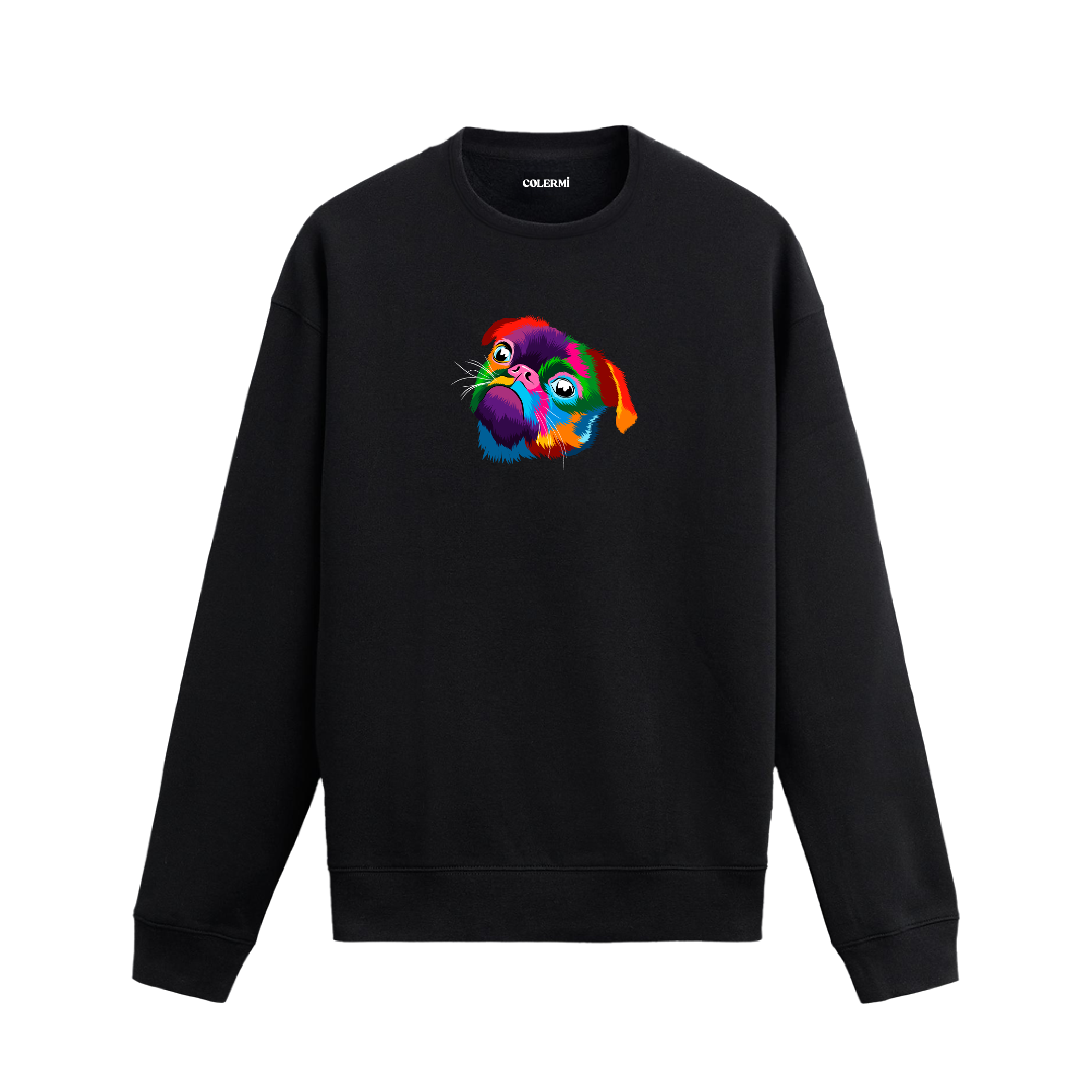 Siyah sweatshirt üzerinde renkli pop art Pug köpek baskısı