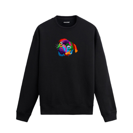 Siyah sweatshirt üzerinde renkli pop art Pug köpek baskısı