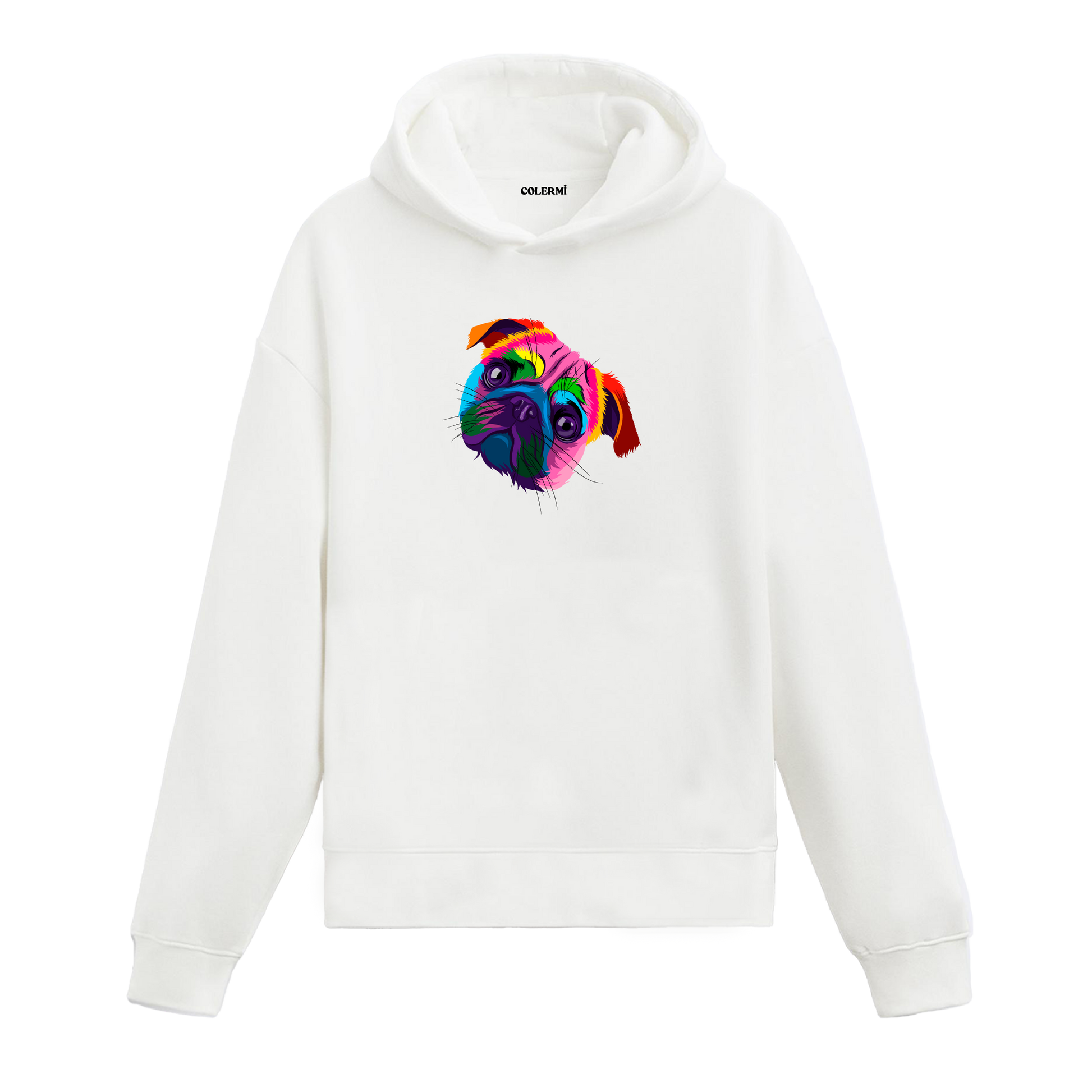 Renkli pug köpek baskılı beyaz hoodie
