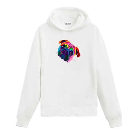 Renkli pug köpek baskılı beyaz hoodie