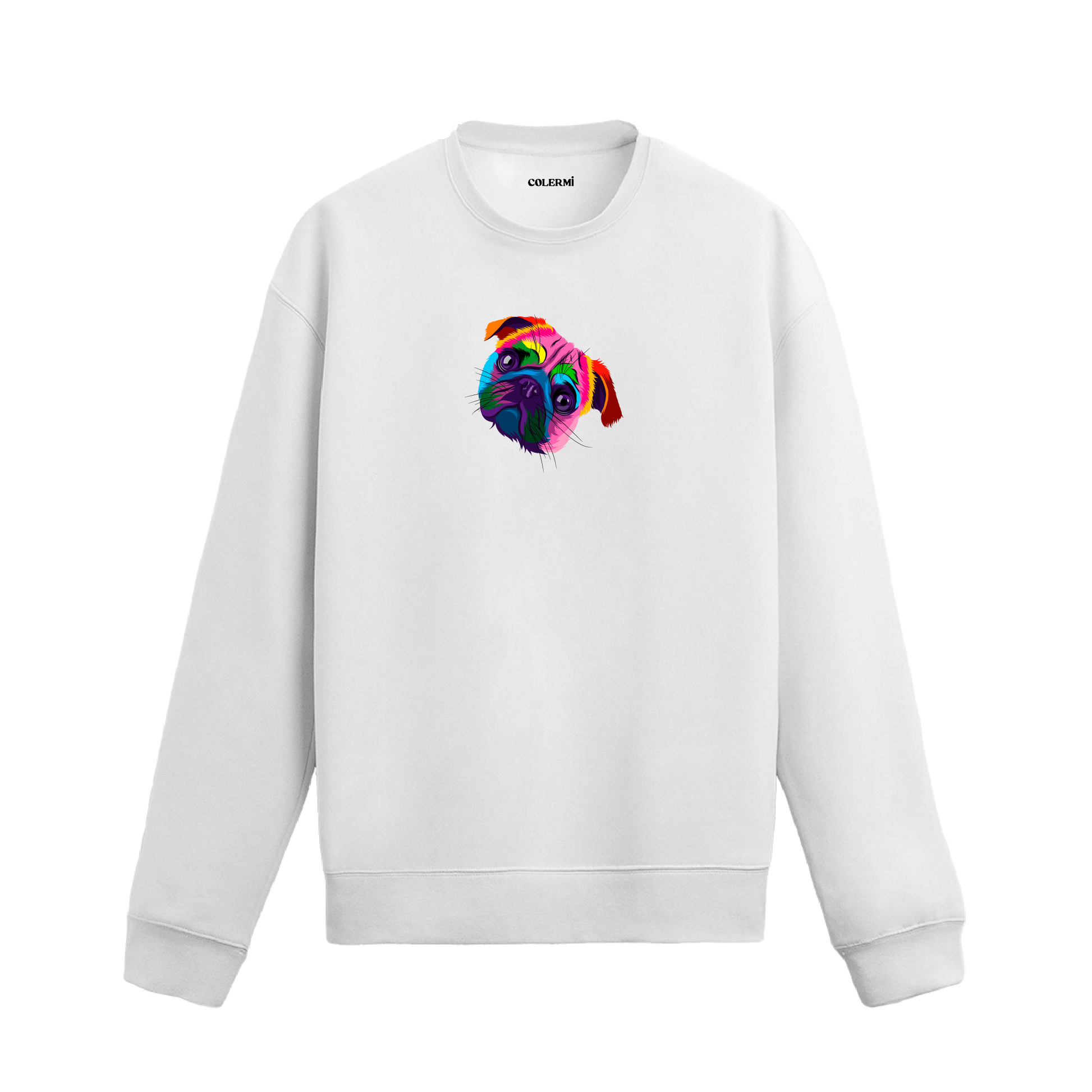 beyaz sweatshirt üzerinde pop art tarzı renkli Pug köpek baskısı