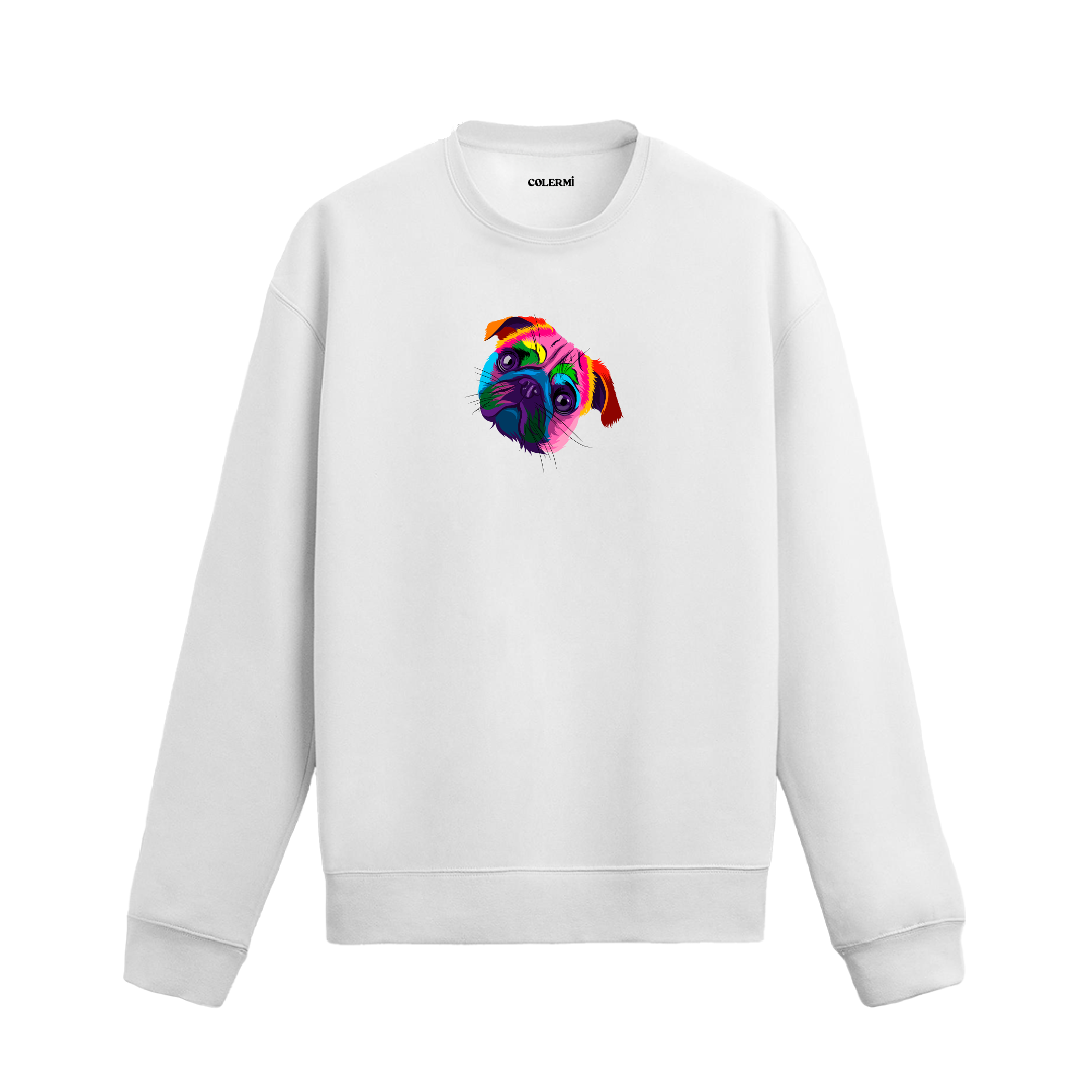beyaz sweatshirt üzerinde pop art tarzı renkli Pug köpek baskısı