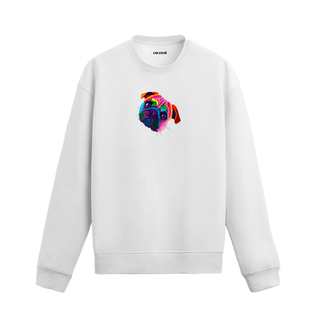 beyaz sweatshirt üzerinde pop art tarzı renkli Pug köpek baskısı