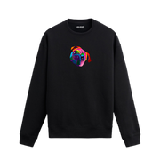 Siyah sweatshirt üzerinde pop art tarzı renkli Pug köpek baskısı