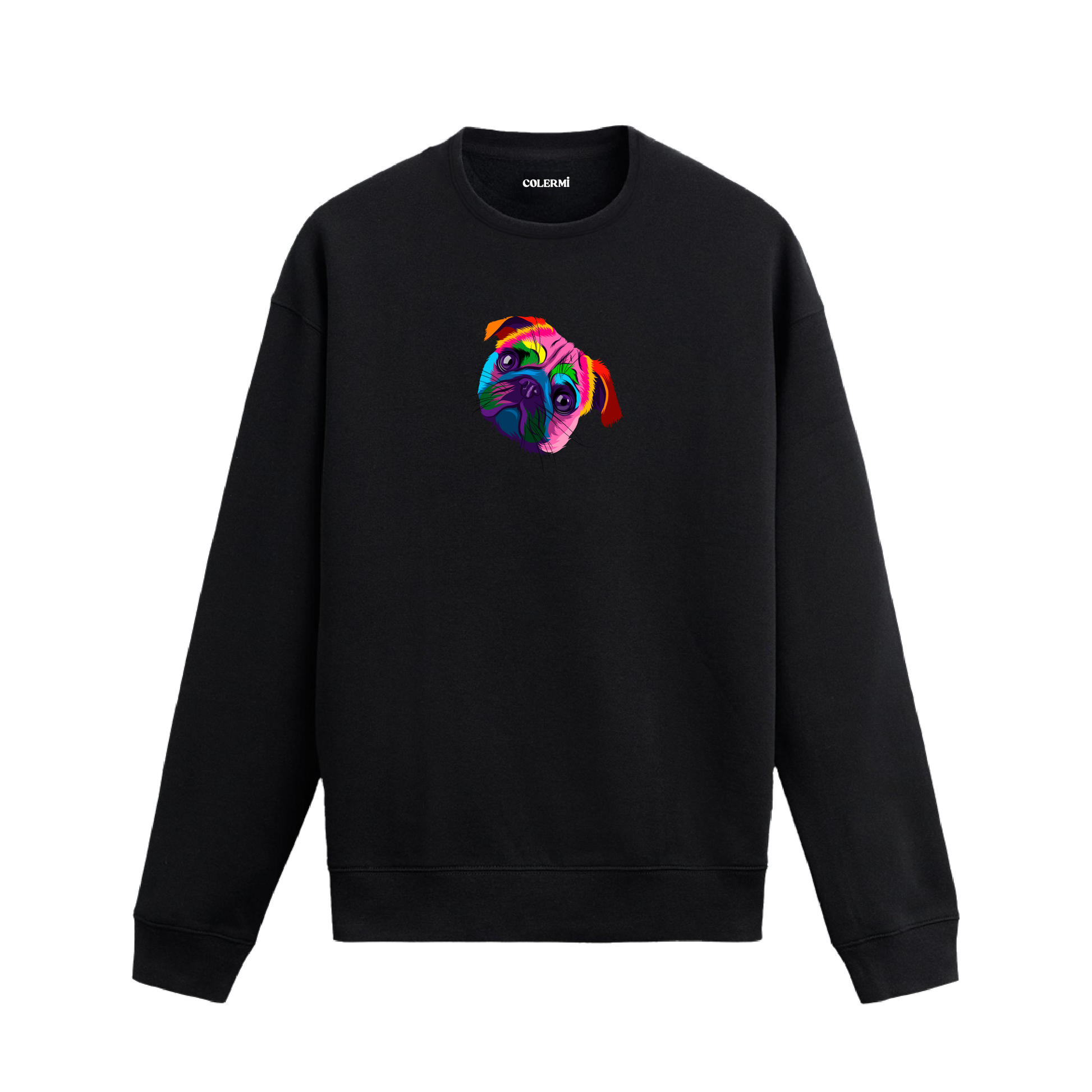 Siyah sweatshirt üzerinde pop art tarzı renkli Pug köpek baskısı