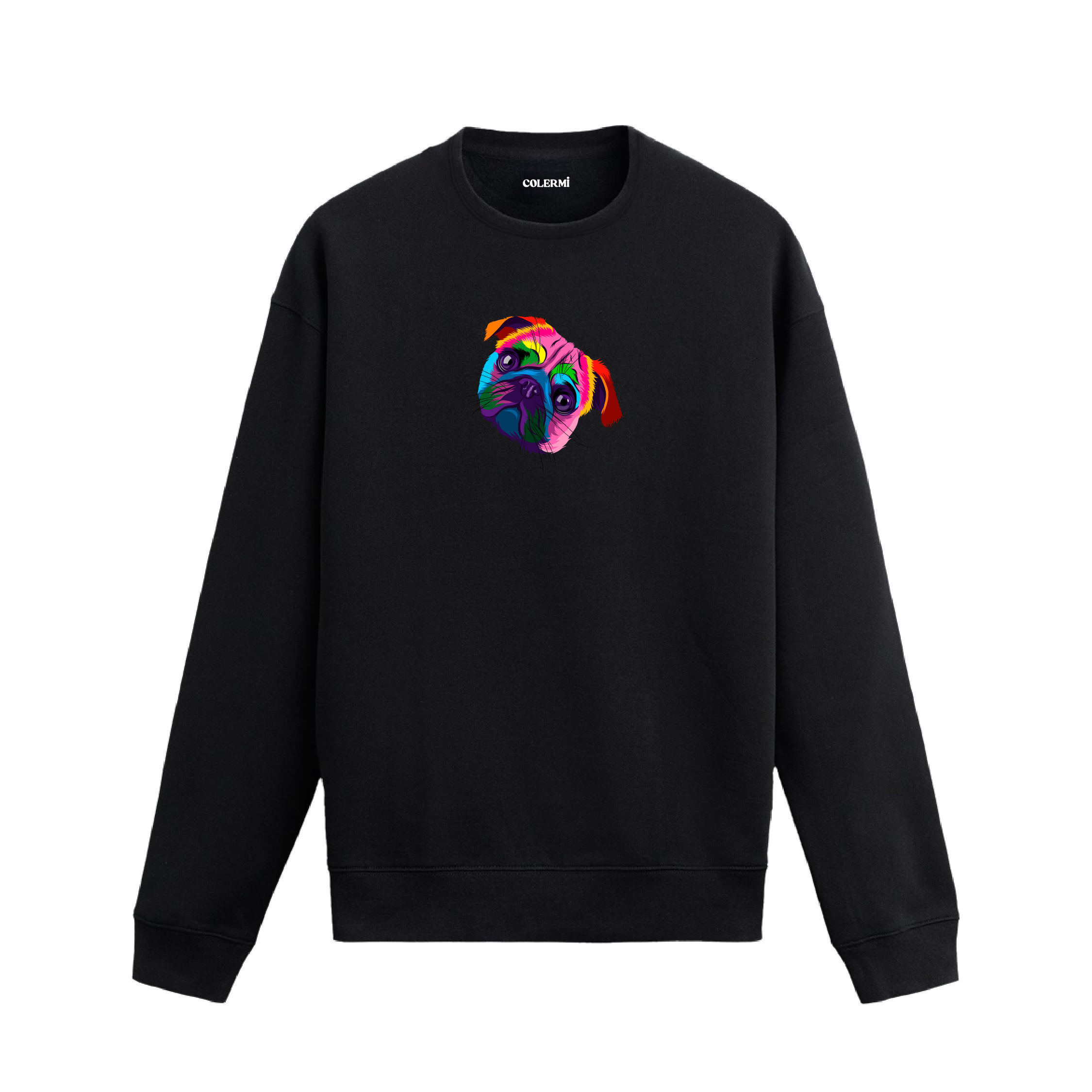 Siyah sweatshirt üzerinde pop art tarzı renkli Pug köpek baskısı