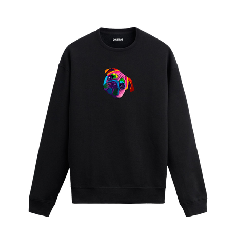 Siyah sweatshirt üzerinde pop art tarzı renkli Pug köpek baskısı