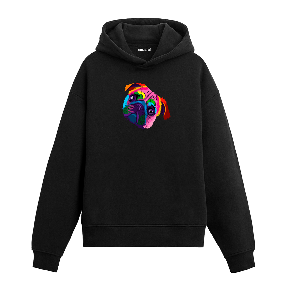 Renkli pug köpek baskılı siyah hoodie
