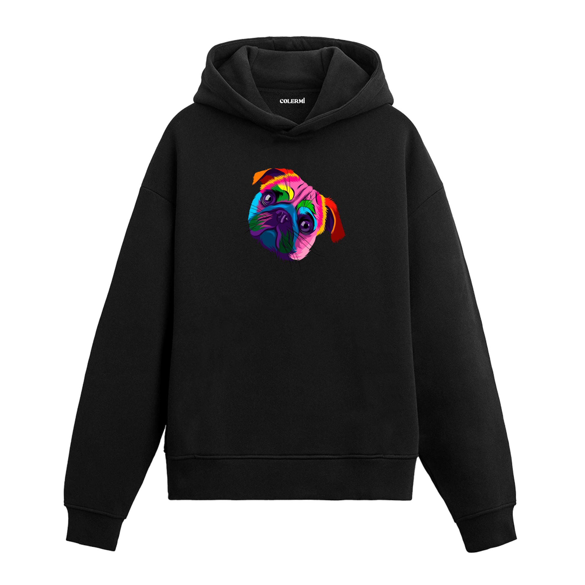 Renkli pug köpek baskılı siyah hoodie