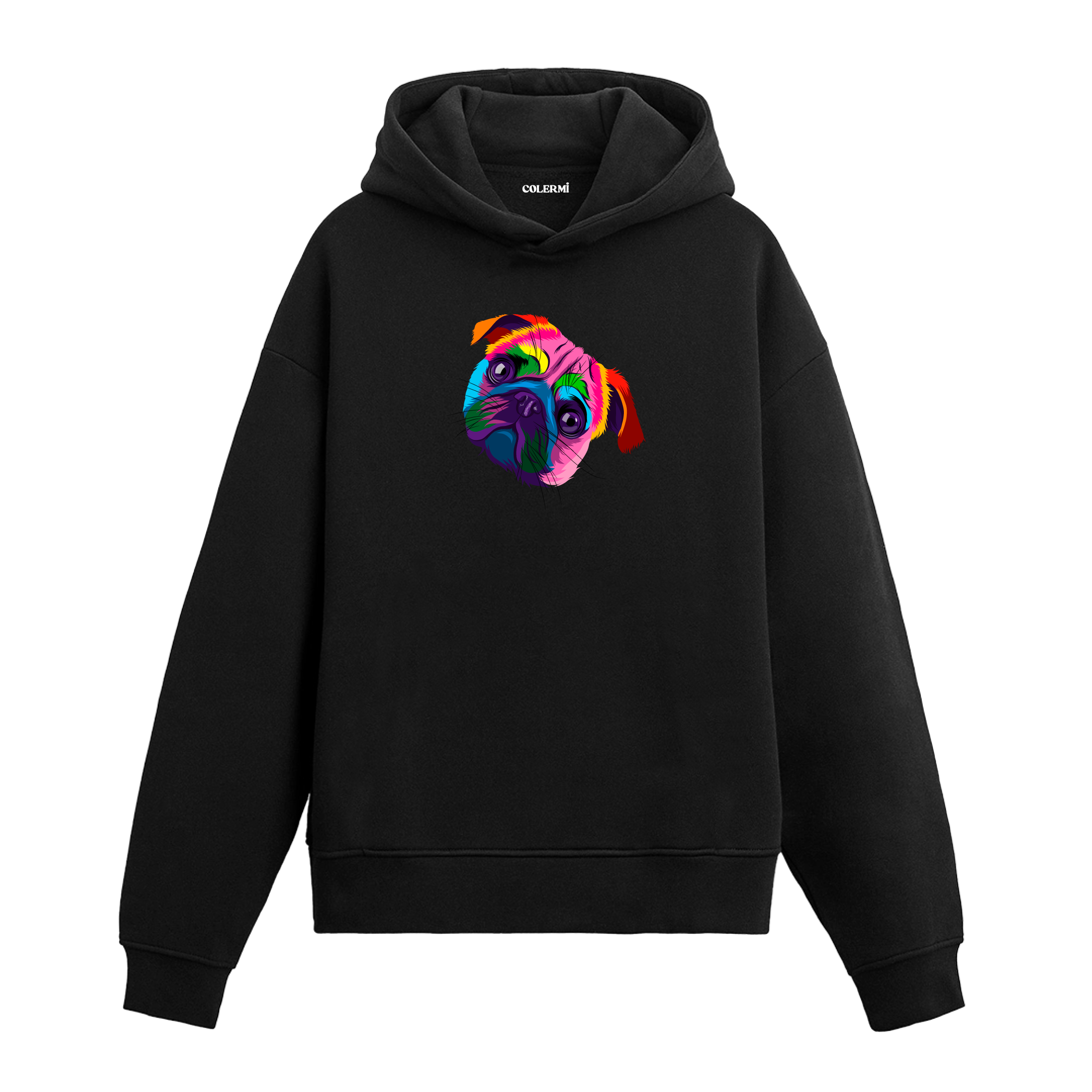Renkli pug köpek baskılı siyah hoodie