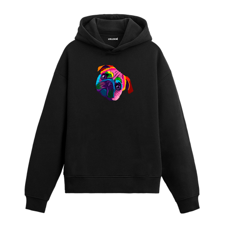 Renkli pug köpek baskılı siyah hoodie