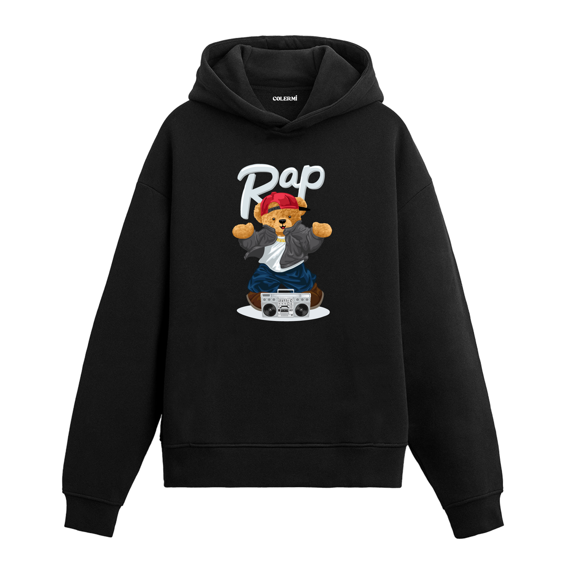 Kırmızı şapka takmış, müzik çalarla poz veren rapçi ayıcık baskılı hoodie tasarımı.
