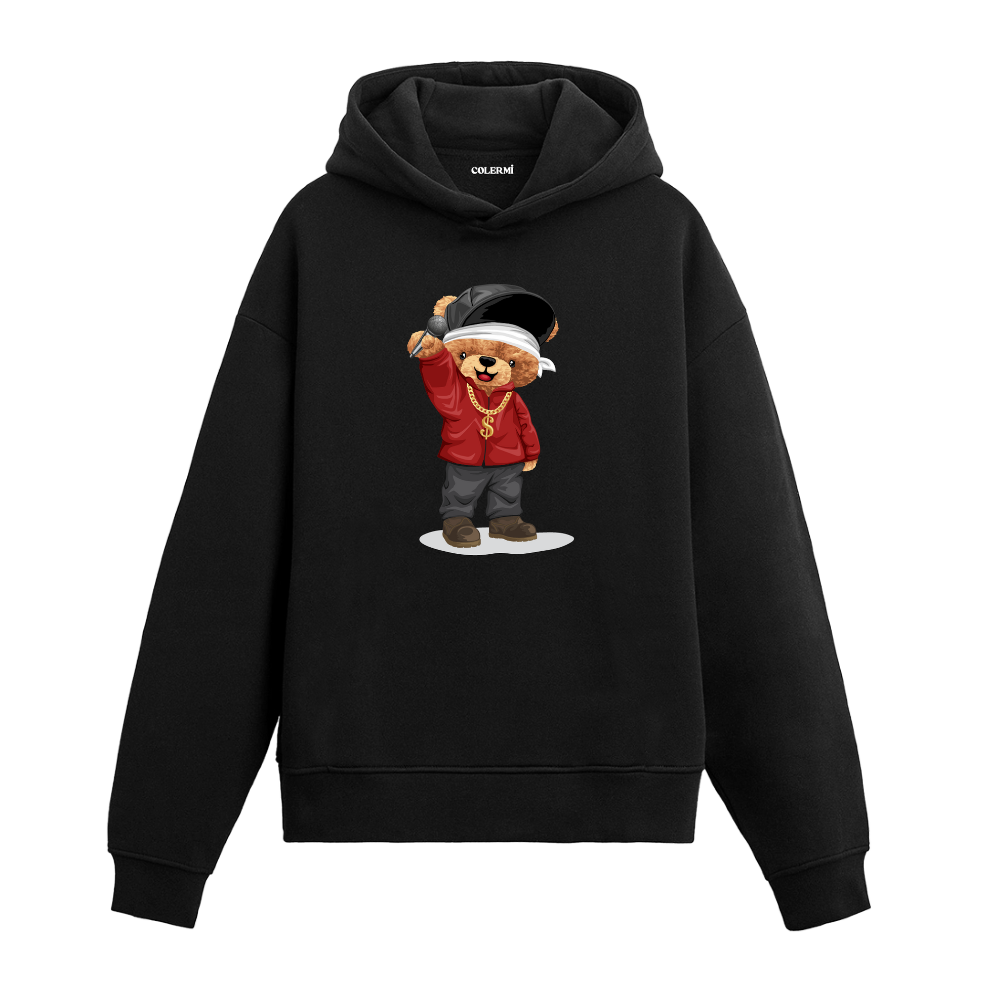 Mikrofon tutan, altın zincirli rapçi tarzında ayıcık figürlü hoodie tasarımı.