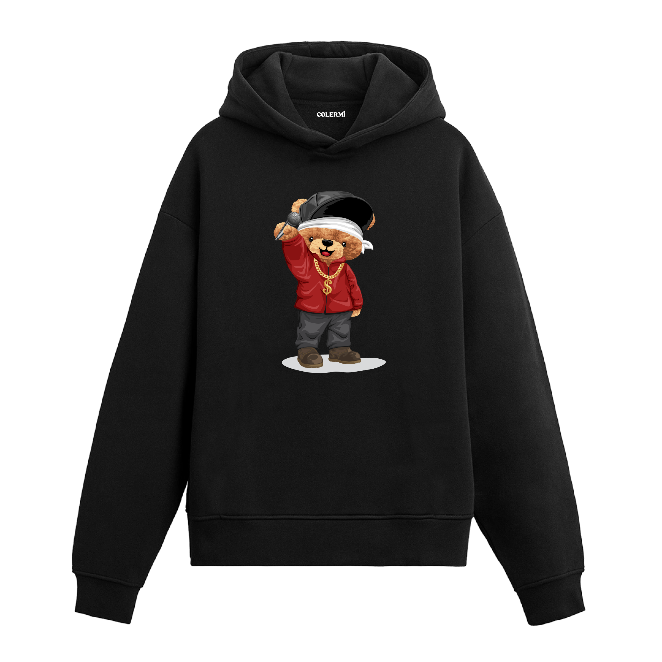 Mikrofon tutan, altın zincirli rapçi tarzında ayıcık figürlü hoodie tasarımı.