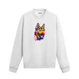 Siyah sweatshirt üzerinde renkli Alman Kurdu baskısı