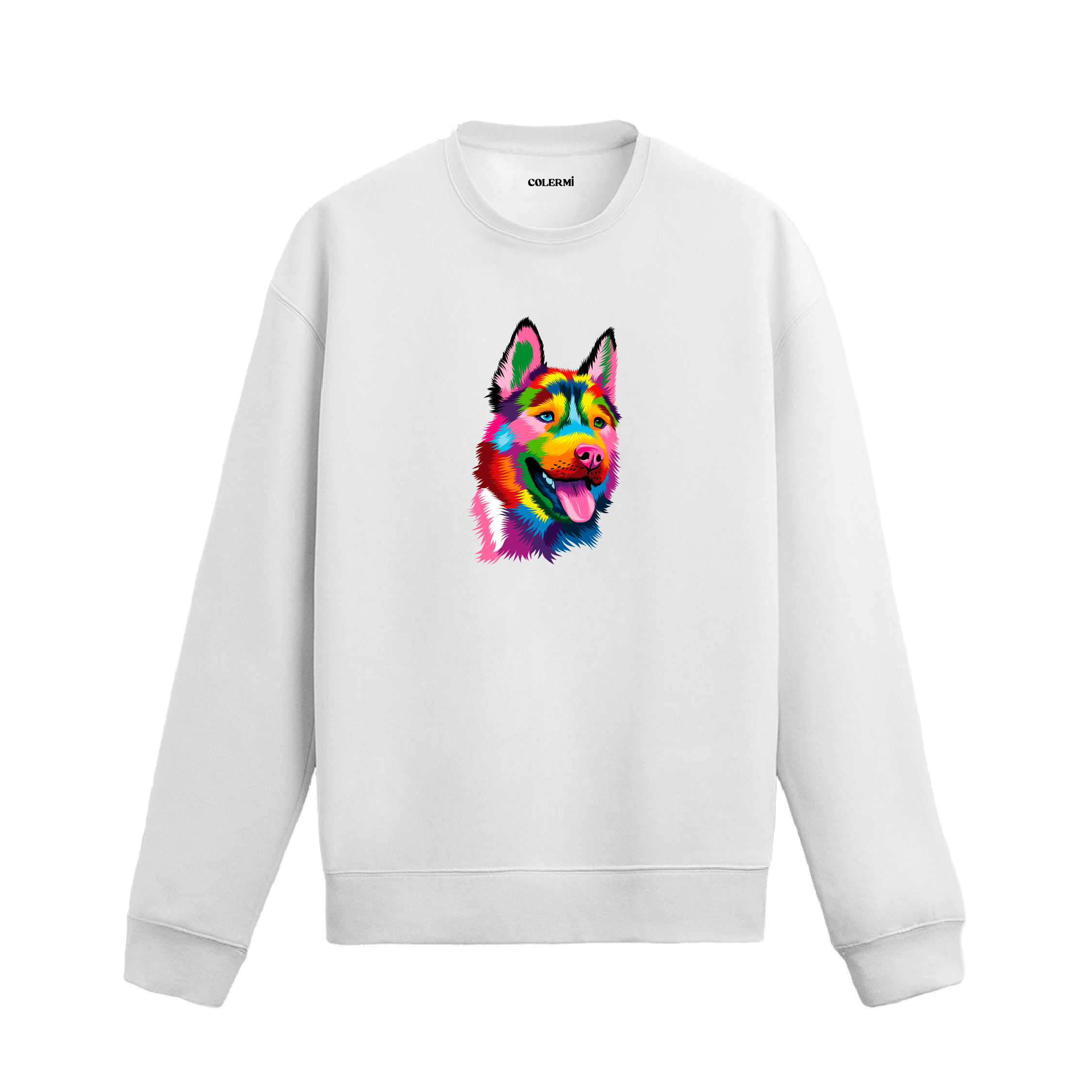 Siyah sweatshirt üzerinde renkli Alman Kurdu baskısı
